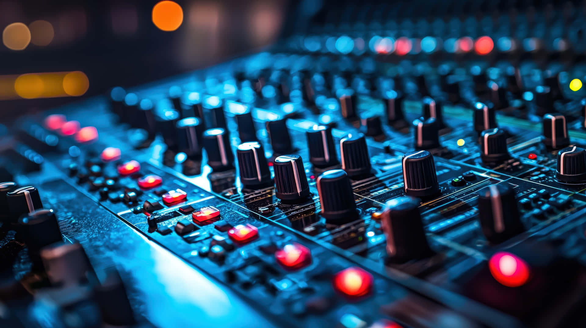 Close-Up of Audio Mixing Console in Studio 壁紙 — 專業音頻混音控制台的近距離特寫，帶有發光的紅色按鈕和藍色環境照明。
