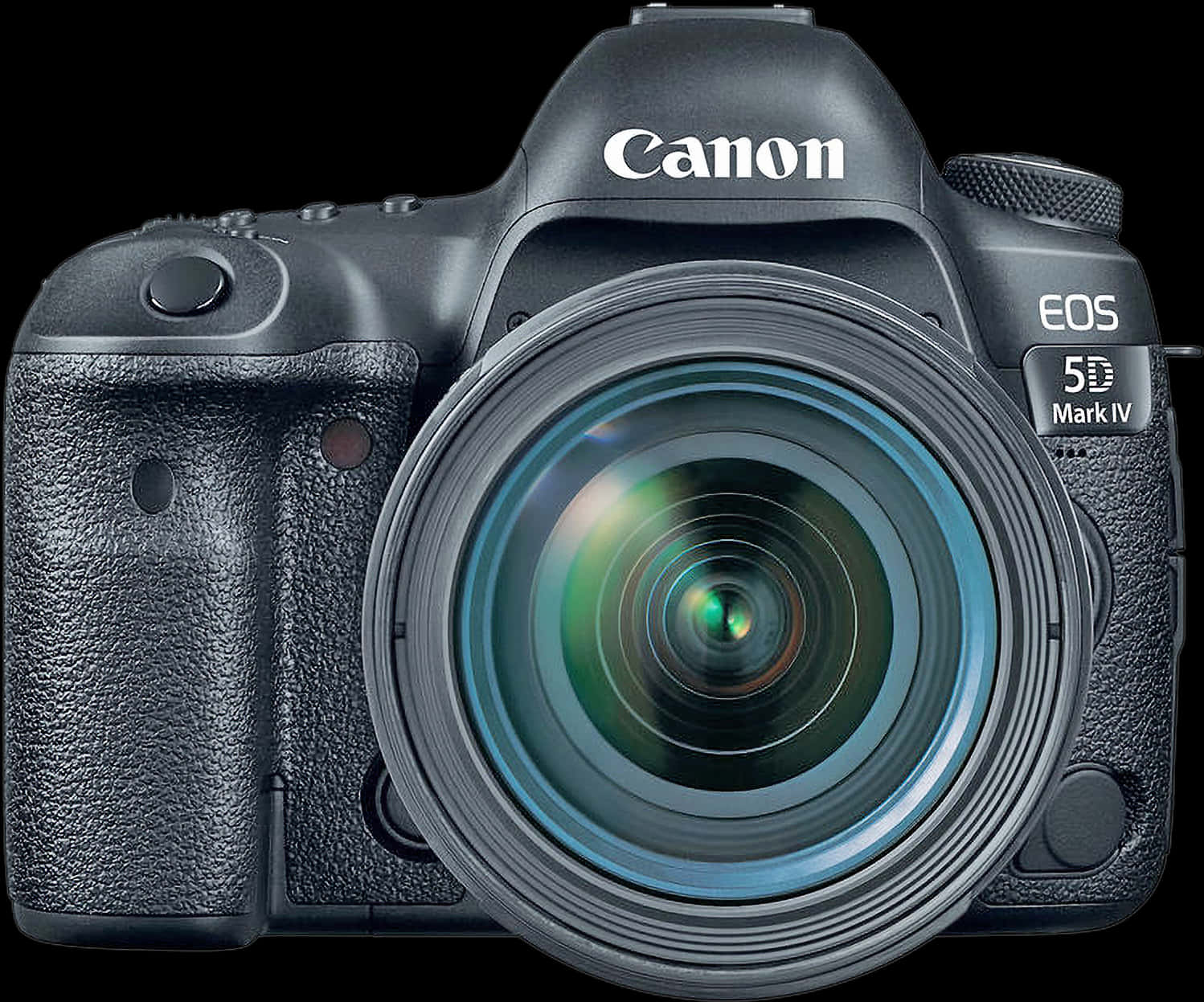 相機 桌布 壁紙 — 專業黑色 Canon EOS 5D Mark IV DSLR 相機，配備大型鏡頭和紋理手柄，純黑色背景。