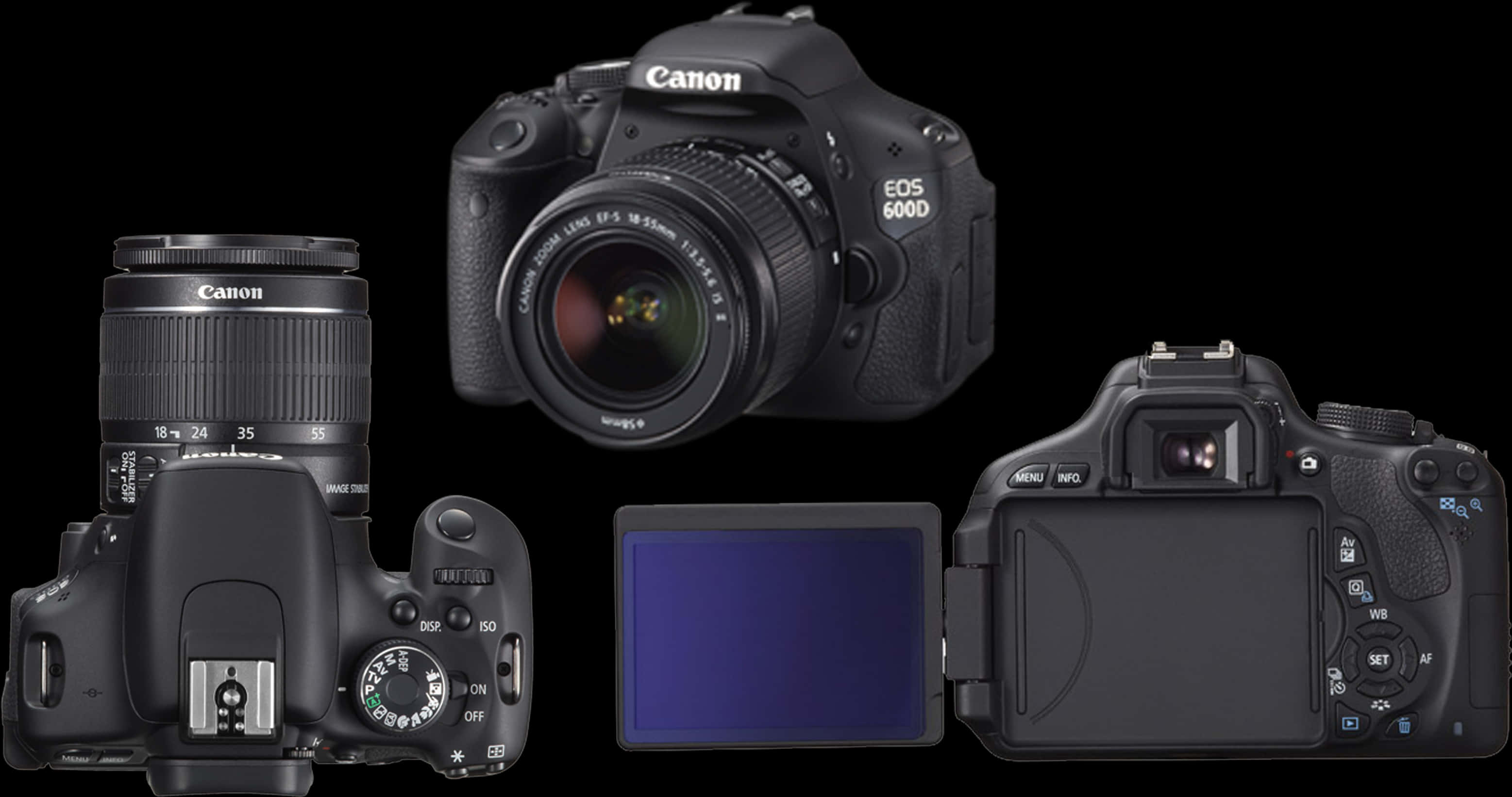相機 桌布 壁紙 — 專業黑色 Canon EOS 600D DSLR 相機，在純黑背景下從多個角度展示。