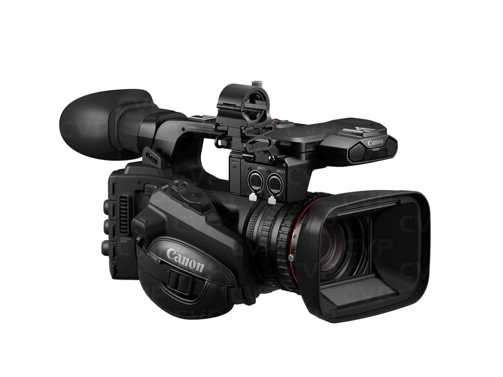 影片 桌布 壁紙 — 專業黑色Canon攝錄影機，配備大型鏡頭和麥克風，白色背景。