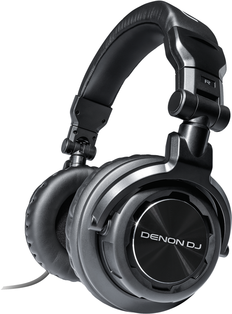 DJ 桌布 壁紙 — 專業黑色Denon DJ耳機，帶金屬裝飾和厚軟墊耳罩，純白背景。