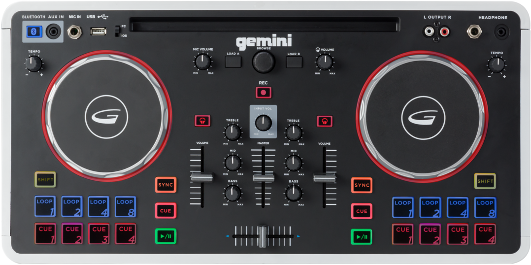 DJ 桌布 壁紙 — 專業黑色Gemini DJ控制器，帶有紅色點綴的轉盤和彩色功能按鈕。
