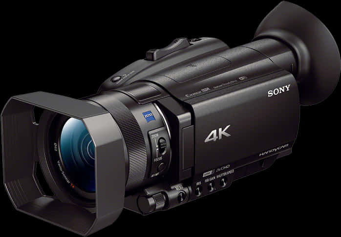 4K ultra HD 2160p 桌布 壁紙 — 專業黑色Sony 4K Handycam攝影機，配備Zeiss鏡頭和遮光罩，置於純黑背景上。