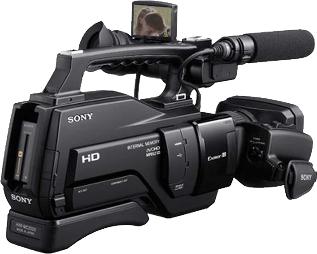 影片 桌布 壁紙 — 專業黑色Sony HD攝影機，配備外接麥克風及可翻起LCD螢幕，顯示一個人。
