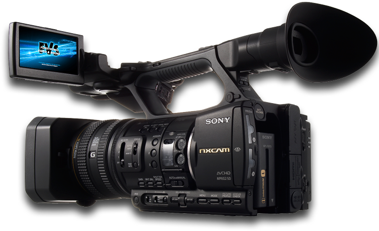 相機 桌布 壁紙 — 專業黑色Sony NXCAM攝錄機，配備大型鏡頭和翻轉螢幕，在純黑色背景上孤立。
