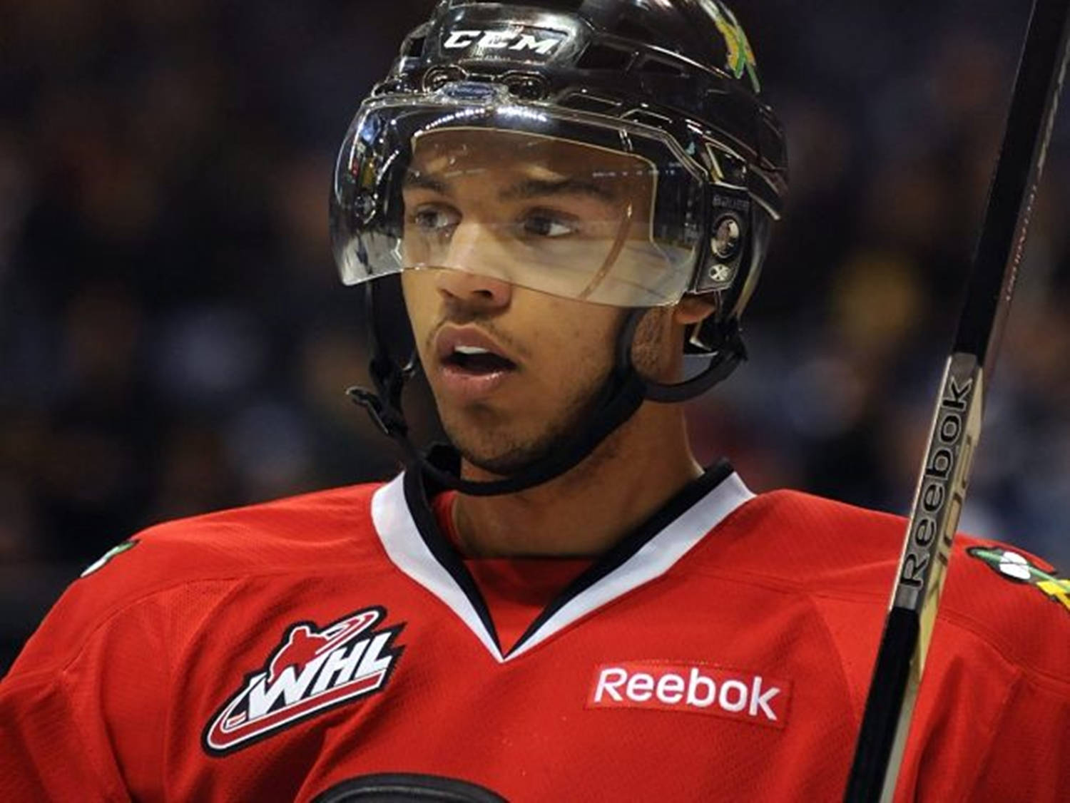 hockey 桌布 壁紙 — 專注的冰球運動員身穿紅色球衣，在場館燈光下比賽時手持球桿的特寫。