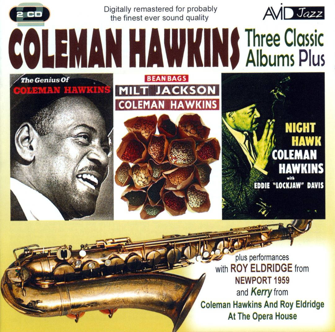 band 桌布 壁紙 — 專輯封面 featuring Coleman Hawkins，配有復古爵士照片和金色薩克斯風，背景為黃色。