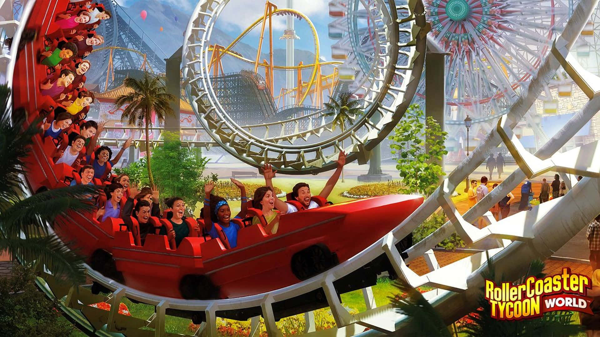 Roller Coaster 桌布 壁紙 — 尋求刺激的人在明亮的藍天下尖叫著歡樂，一輛紅色雲霄飛車蜿蜒穿過充滿高聳遊樂設施和棕櫚樹的充滿活力的遊樂園。