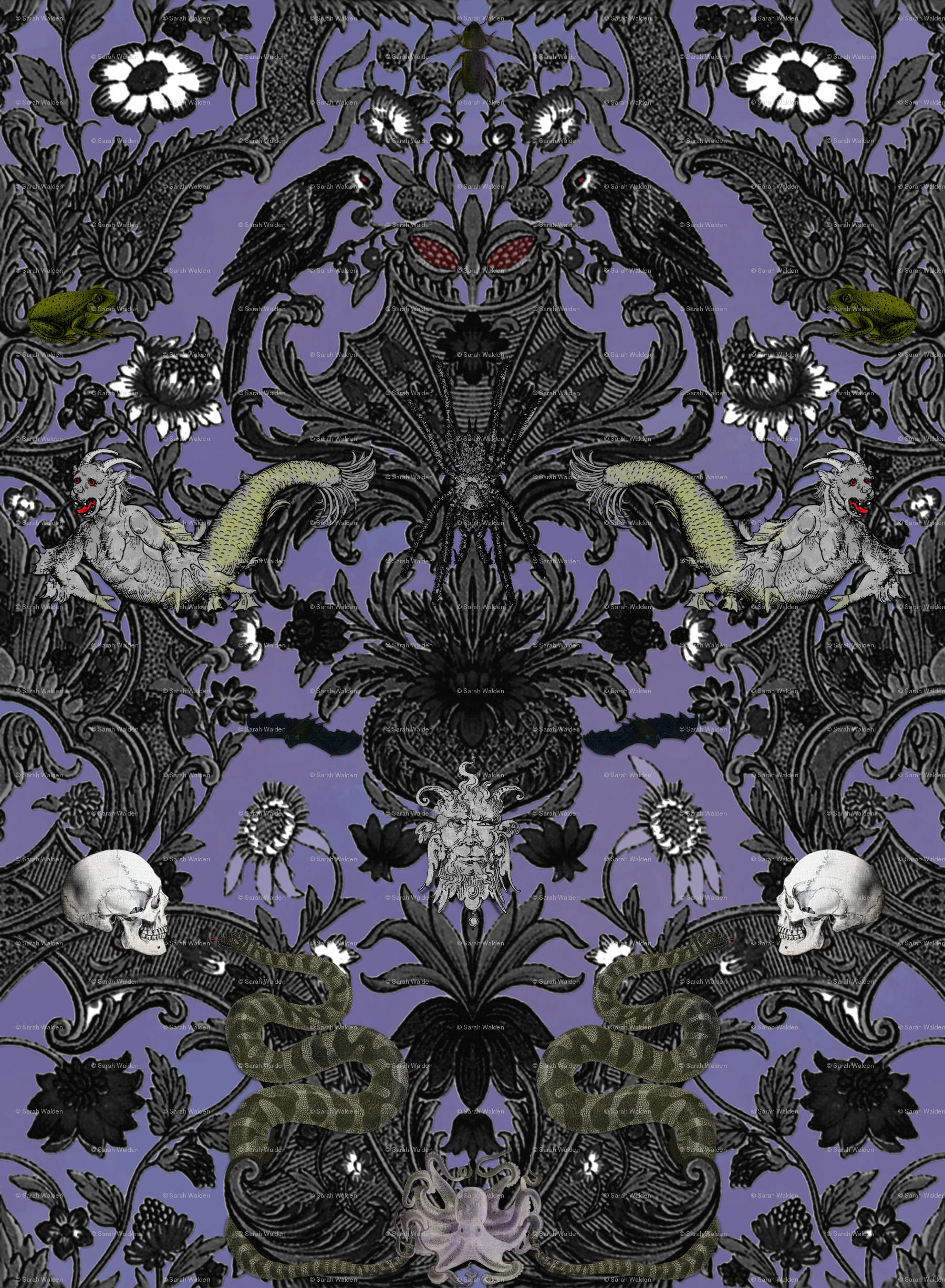 haunted 桌布 壁紙 — 對稱哥德式壁紙，黑色烏鴉、骷髏、蛇和花朵在紫色背景上。