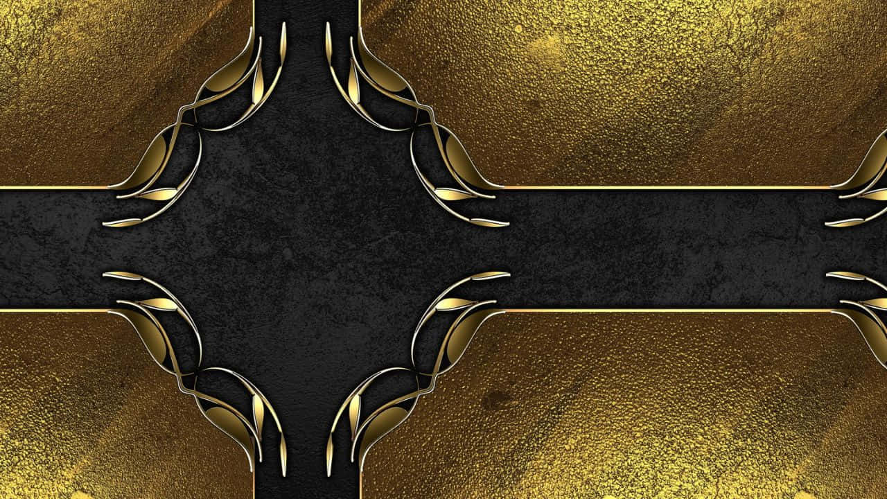 High Resolution Black And Gold 桌布 壁紙 — 對稱抽象設計，金色葉片圖案環繞黑色紋理中心，背景閃爍金色。