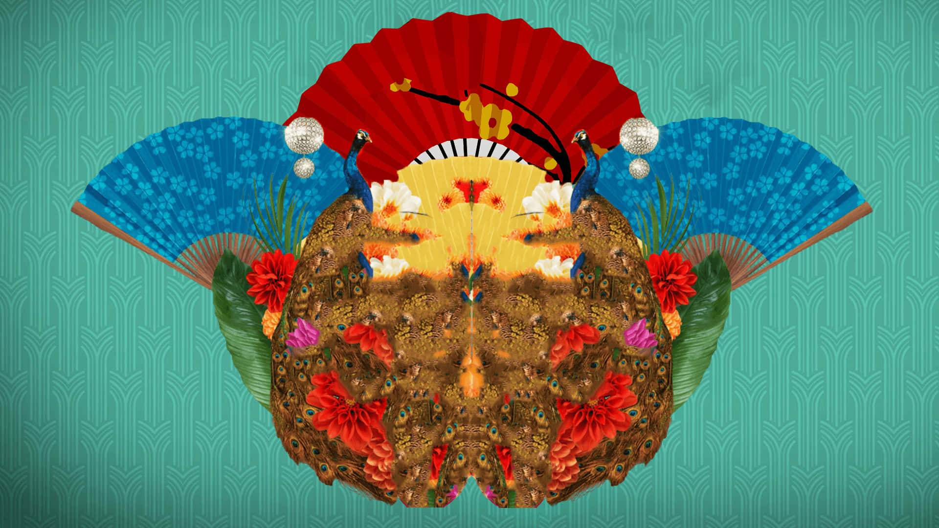 Asian 桌布 壁紙 — 對稱數位藝術作品，以孔雀、扇子和花卉為特色，背景為青綠色圖案。