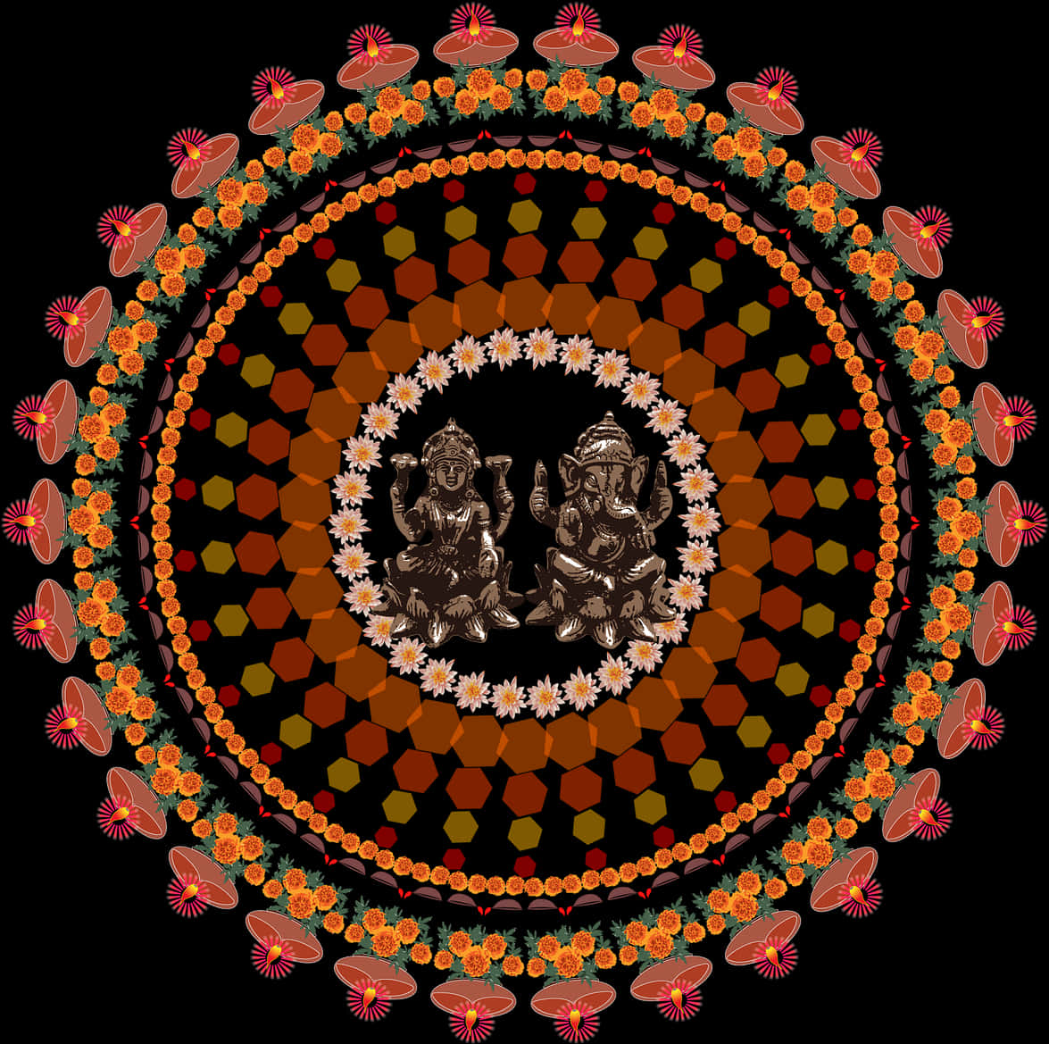 Circle Design 桌布 壁紙 — 對稱曼陀羅，兩尊坐姿印度教神祇被萬壽菊和蓮花的同心環包圍，背景為黑色。