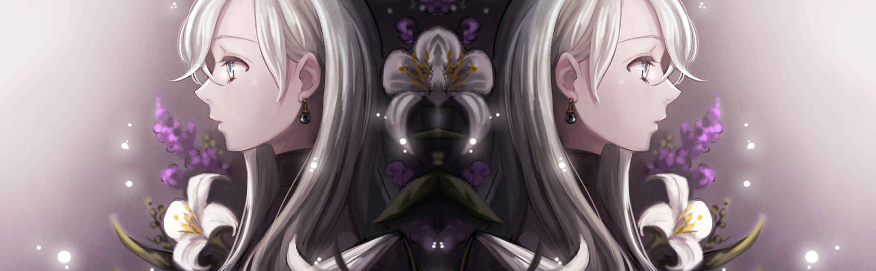伊莉莎白·里昂絲 桌布 壁紙 — 對稱的動漫女孩，銀色頭髮和紫色花朵，映照在柔和發光的背景上。