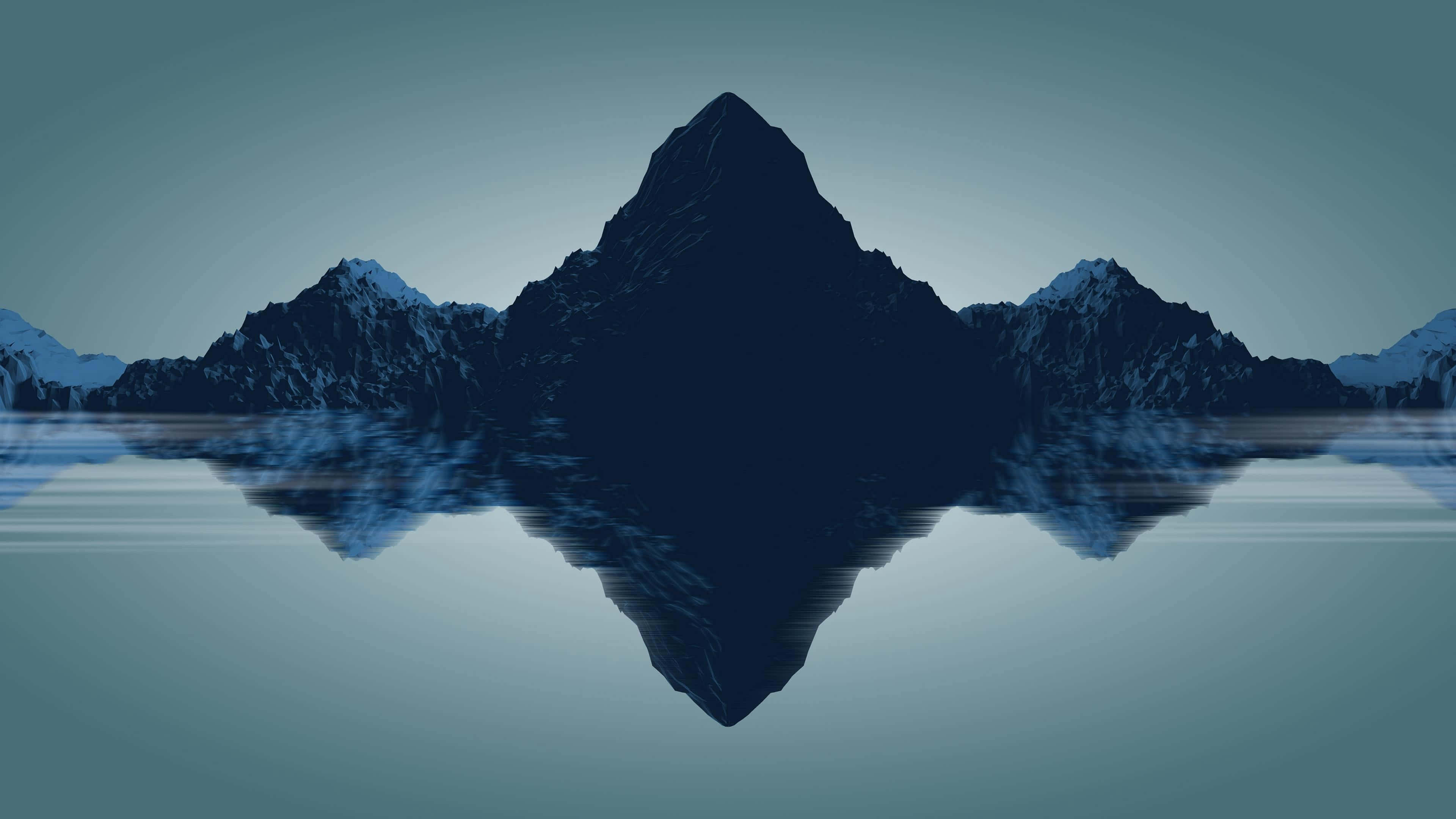 Simple Minimalist 桌布 壁紙 — 對稱的山脈，雪覆蓋的山峰在平靜的水面上完美倒映，天空呈現漸變的藍綠色。