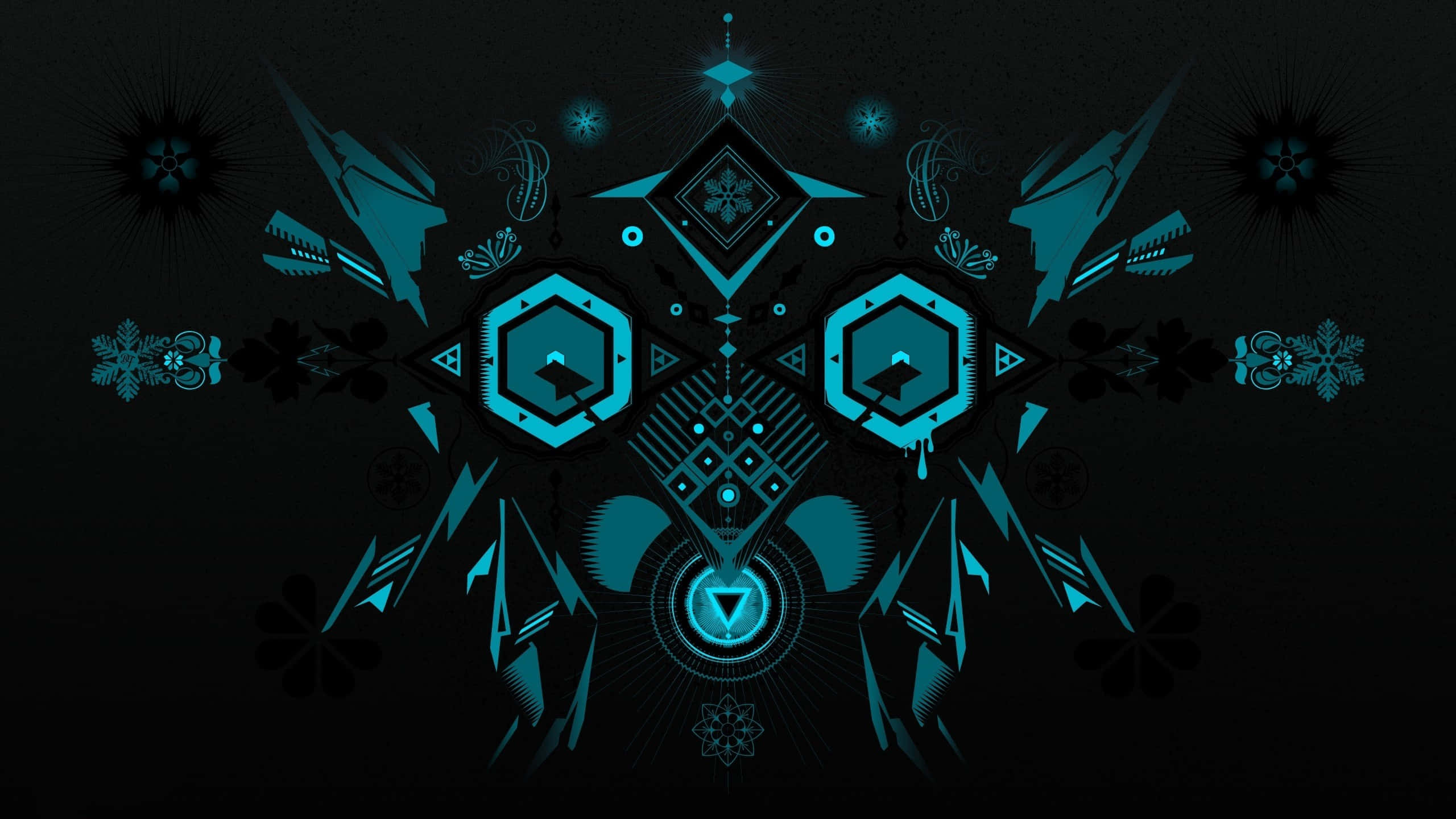 Minimalist HD Geometric Desktop 桌布 壁紙 — 對稱的藍綠色幾何圖案在黑色背景上發光，帶有複雜的部落和數位圖案。