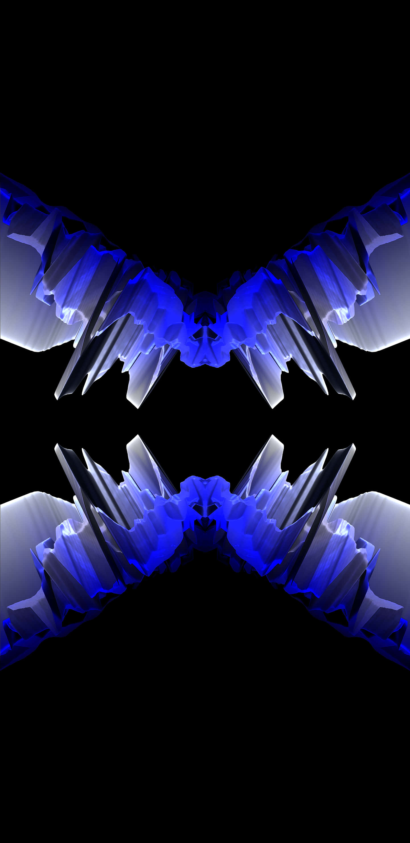Symbol 桌布 壁紙 — 對稱的藍色晶體結構在黑色虛空中發光，形成鏡像數位藝術作品。
