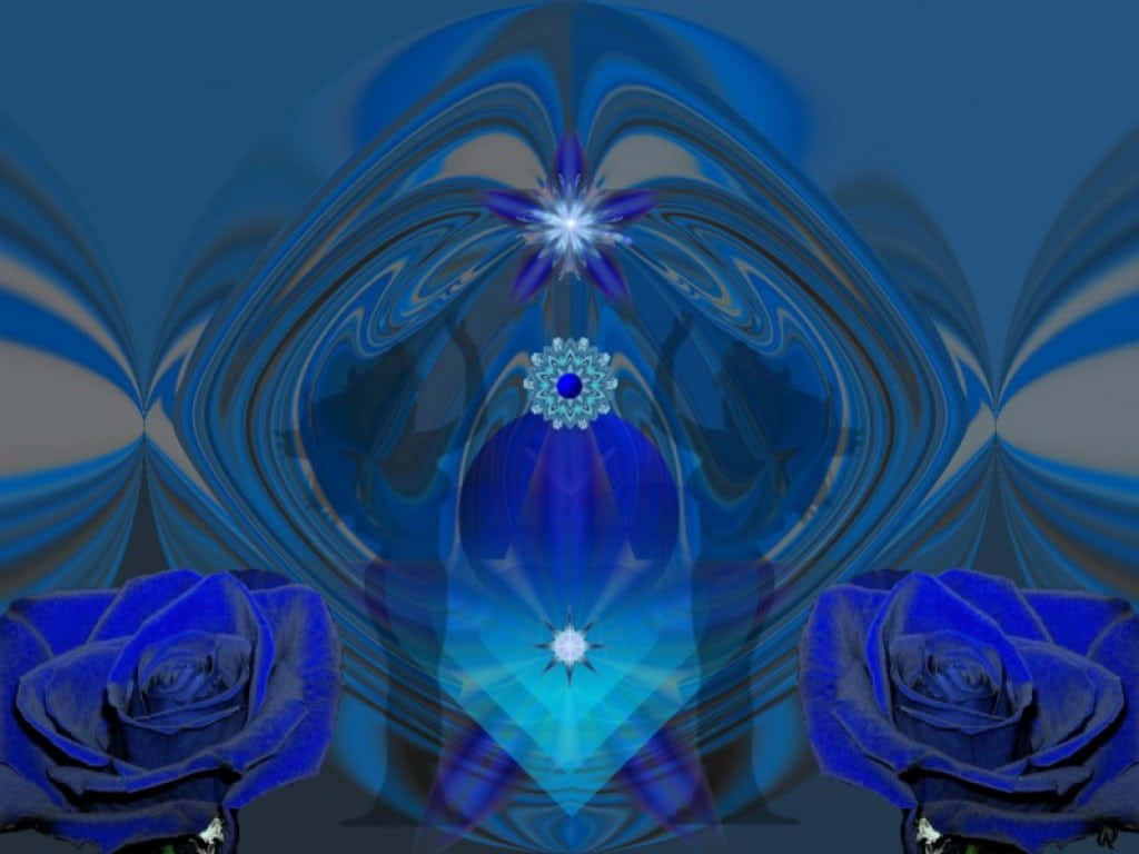 Dreamweaver 桌布 壁紙 — 對稱的藍色玫瑰簇擁著一顆發光的中央寶石，背景是旋轉的抽象藍色漩渦。