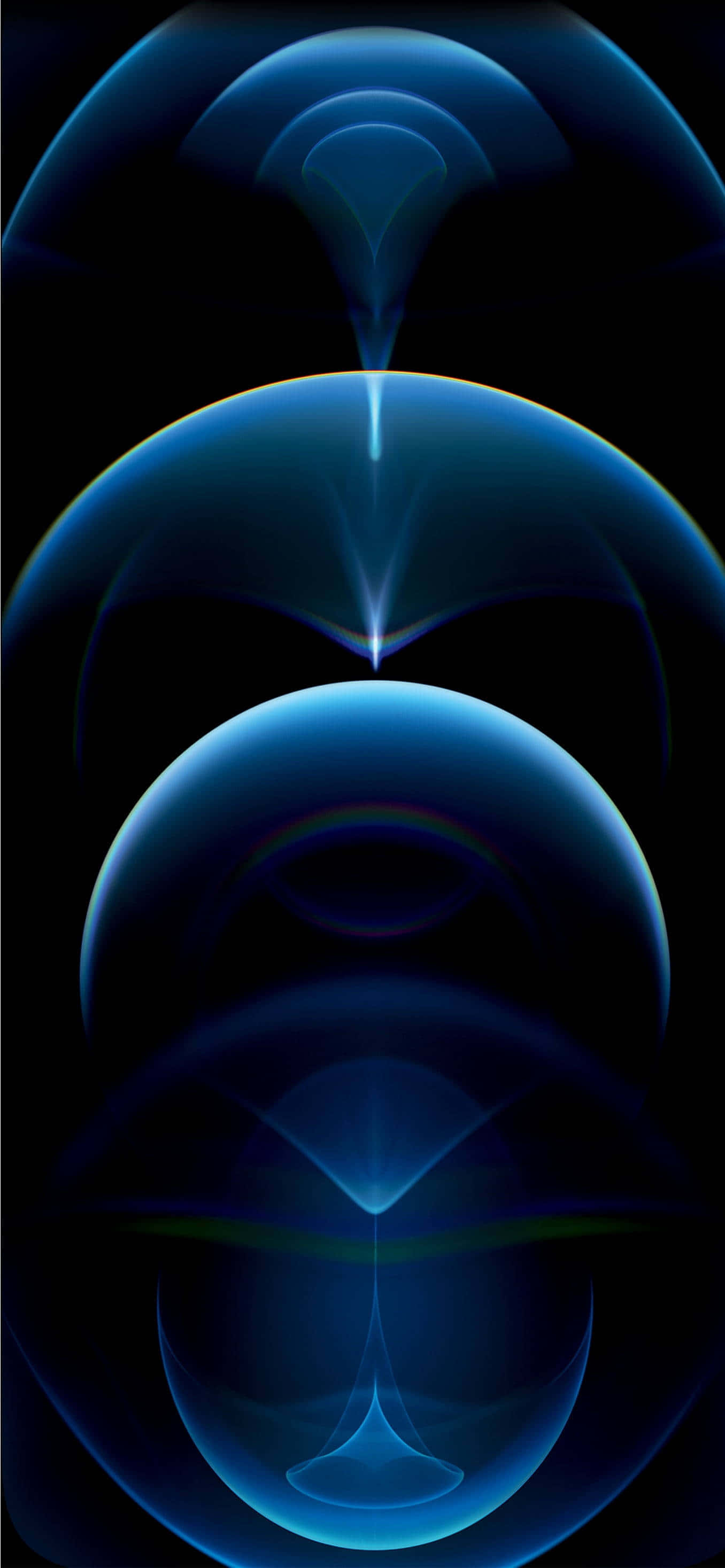 Blue iPhone Xr 桌布 壁紙 — 對稱的藍色發光球體在黑色虛空中垂直漂浮，散發出柔和的光芒。