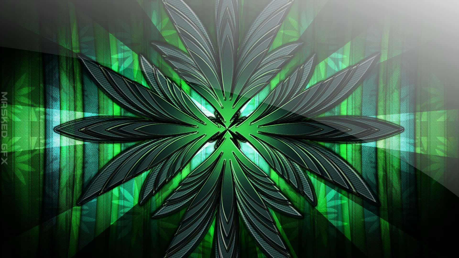 背景 桌布 壁紙 — 對稱的金屬綠色大麻葉從發光的中心輻射出來，背景是帶有微妙葉片圖案的漸變綠色背景。