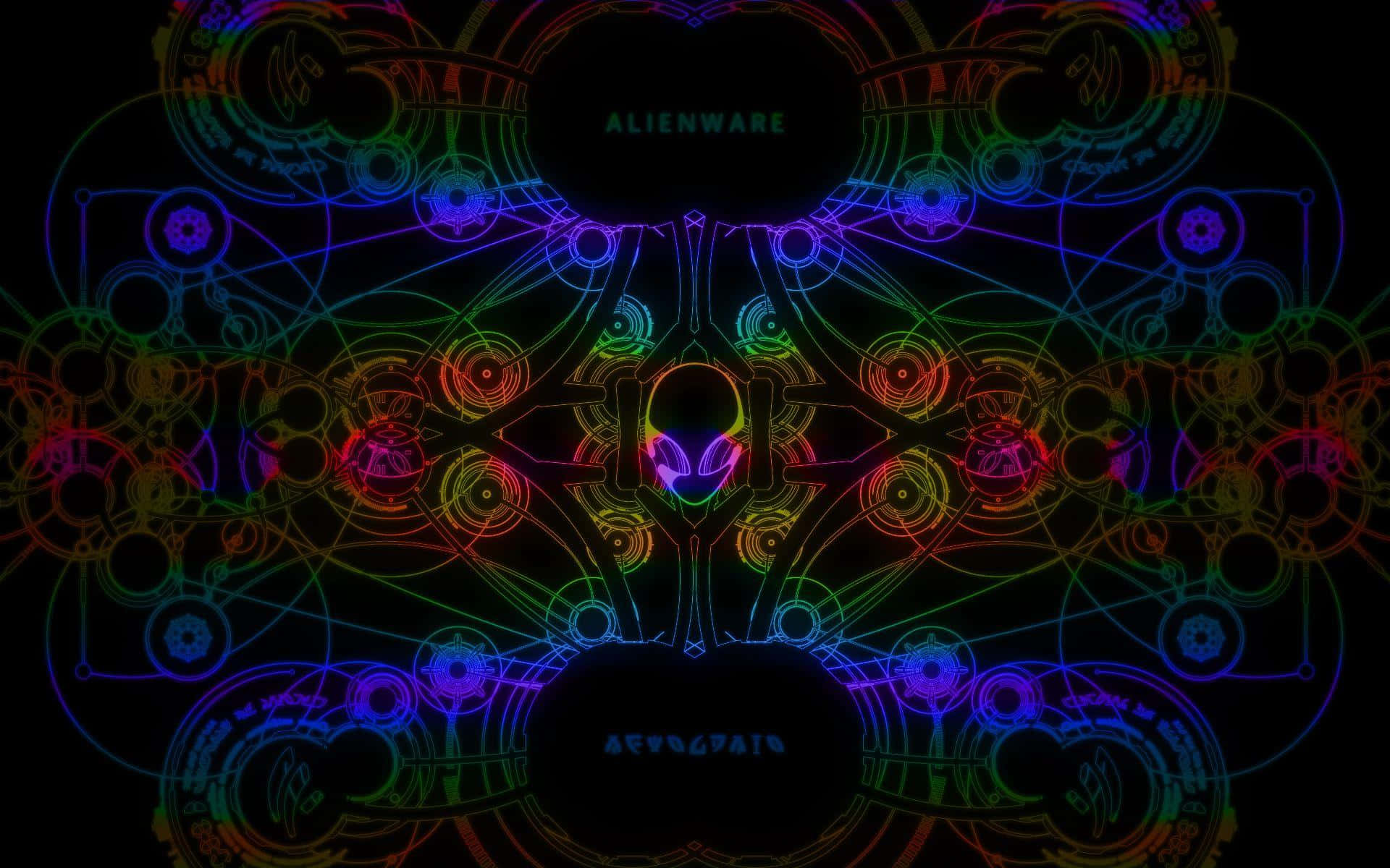Hologram 桌布 壁紙 — 對稱的霓虹外星人主題壁紙，帶有發光的彩虹電路和中央外星人標誌，背景為黑色。