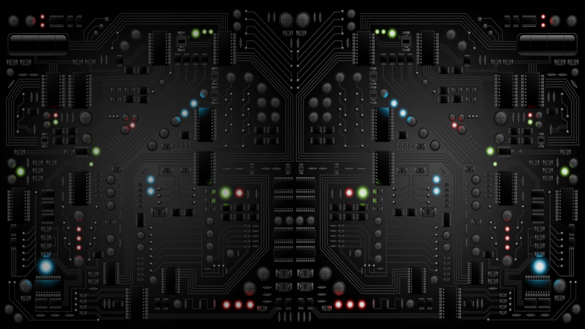 Circuit 桌布 壁紙 — 對稱的黑色電路板，帶有發光的綠色、藍色和紅色LED，形成數位圖案。