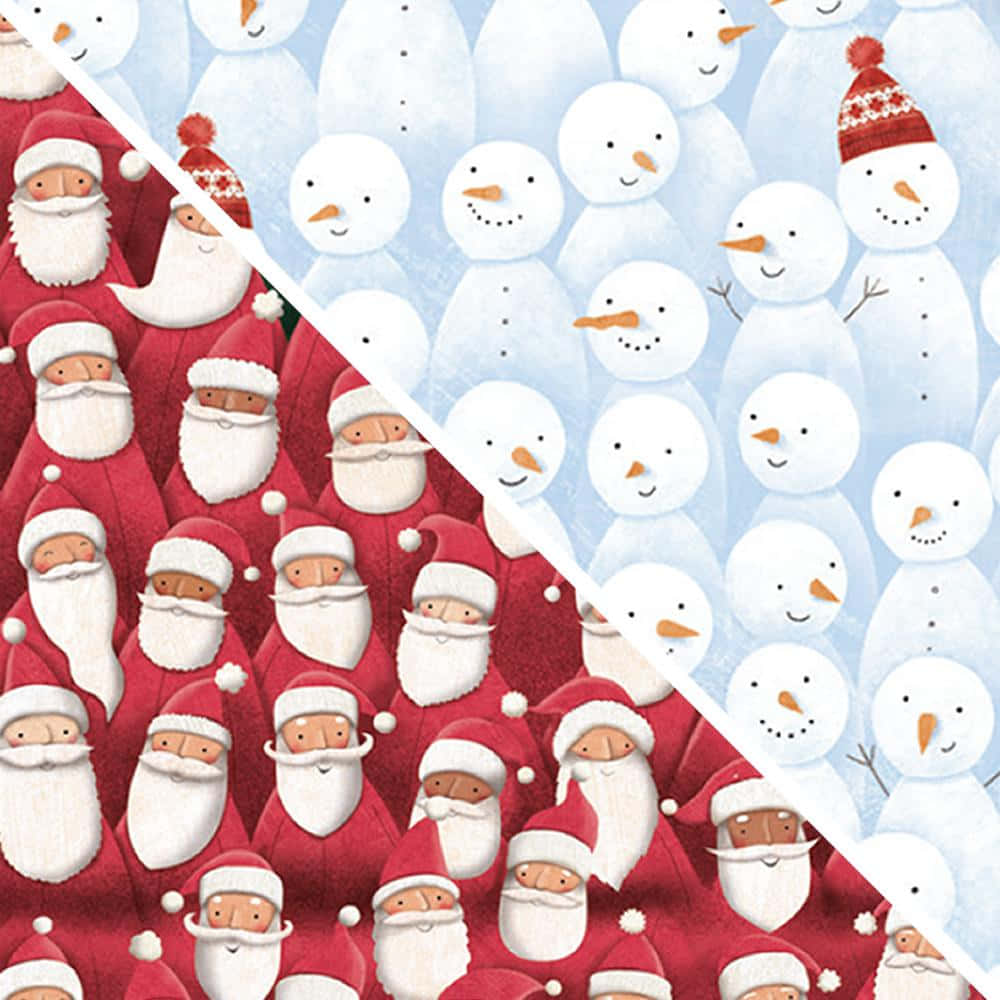 Santa Claus 桌布 壁紙 — 對角分割壁紙，以紅色重複的快樂聖誕老人圖案為特色，背景是雪地，還有微笑的雪人。