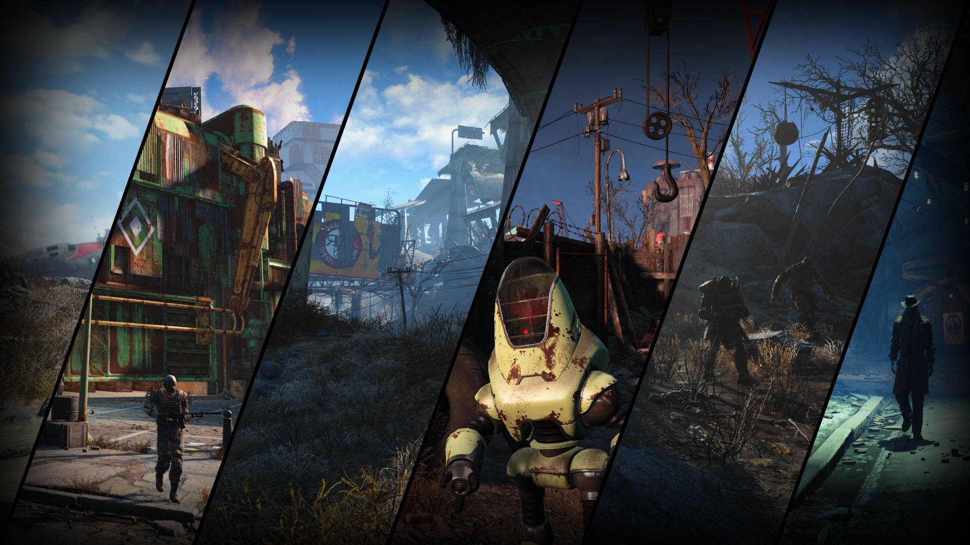 Fallout 4 桌布 壁紙 — 對角線面板顯示一個後末日荒原，有生鏽的建築物、一個機器人和人物在廢墟城市環境中。