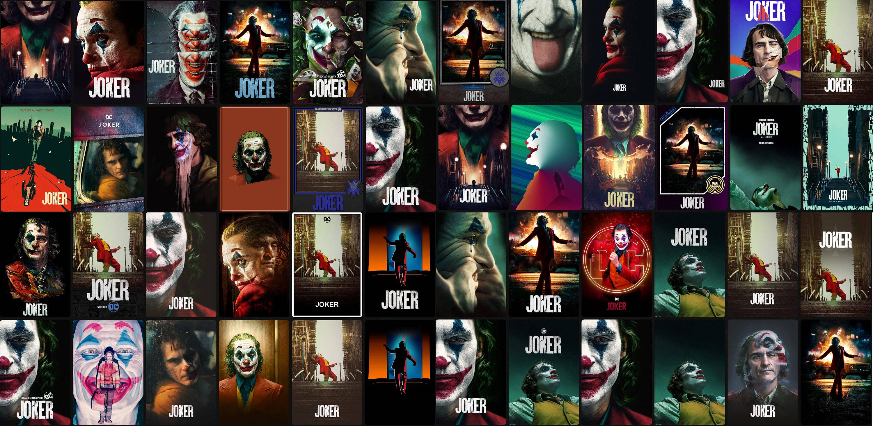 Horror Movie Collage 桌布 壁紙 — 《小丑》電影海報拼貼，包含多個戲劇性的特寫和角色在城市環境中的剪影。