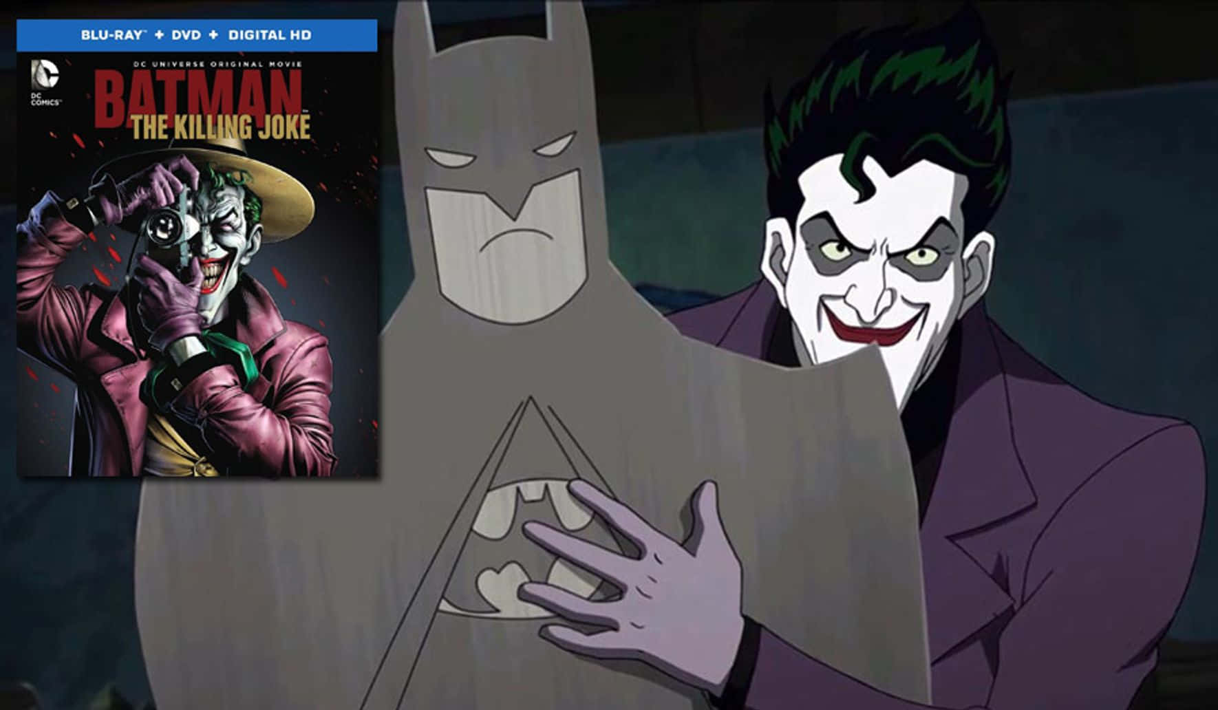 The Killing Joke 桌布 壁紙 — 小丑在《致命玩笑》電影封面的黑暗動畫場景中，邪惡地笑著觸碰蝙蝠俠的披風。
