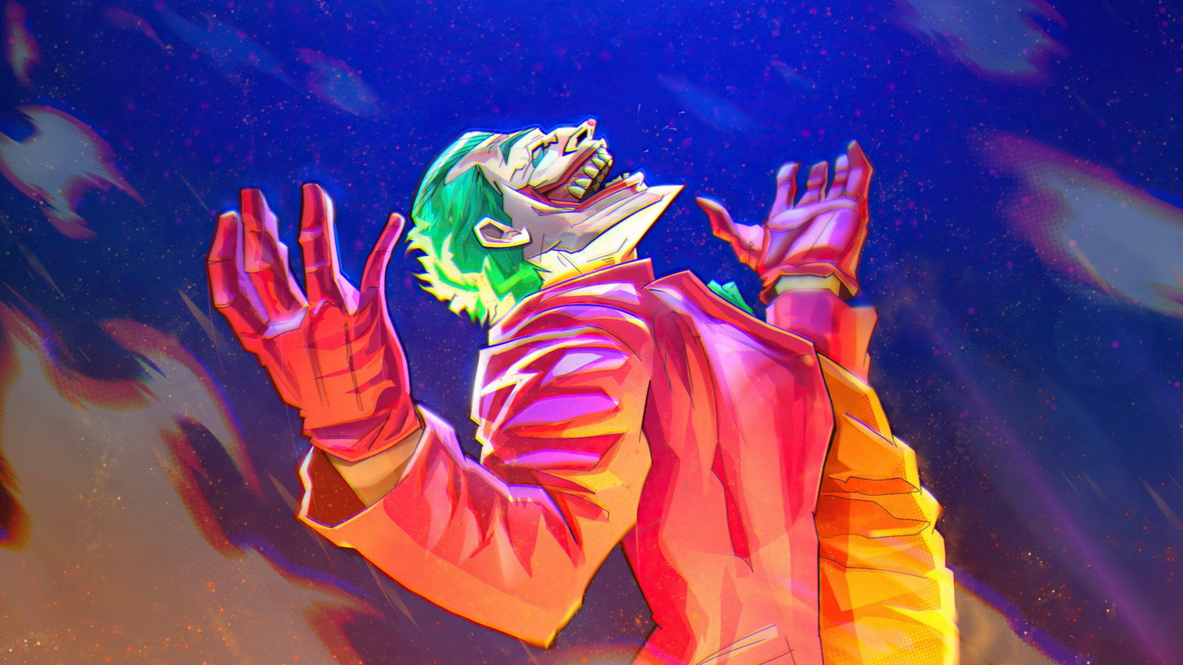 Joker Drawing 桌布 壁紙 — 小丑在充滿活力霓虹色彩和旋轉星雲的宇宙背景下狂笑。