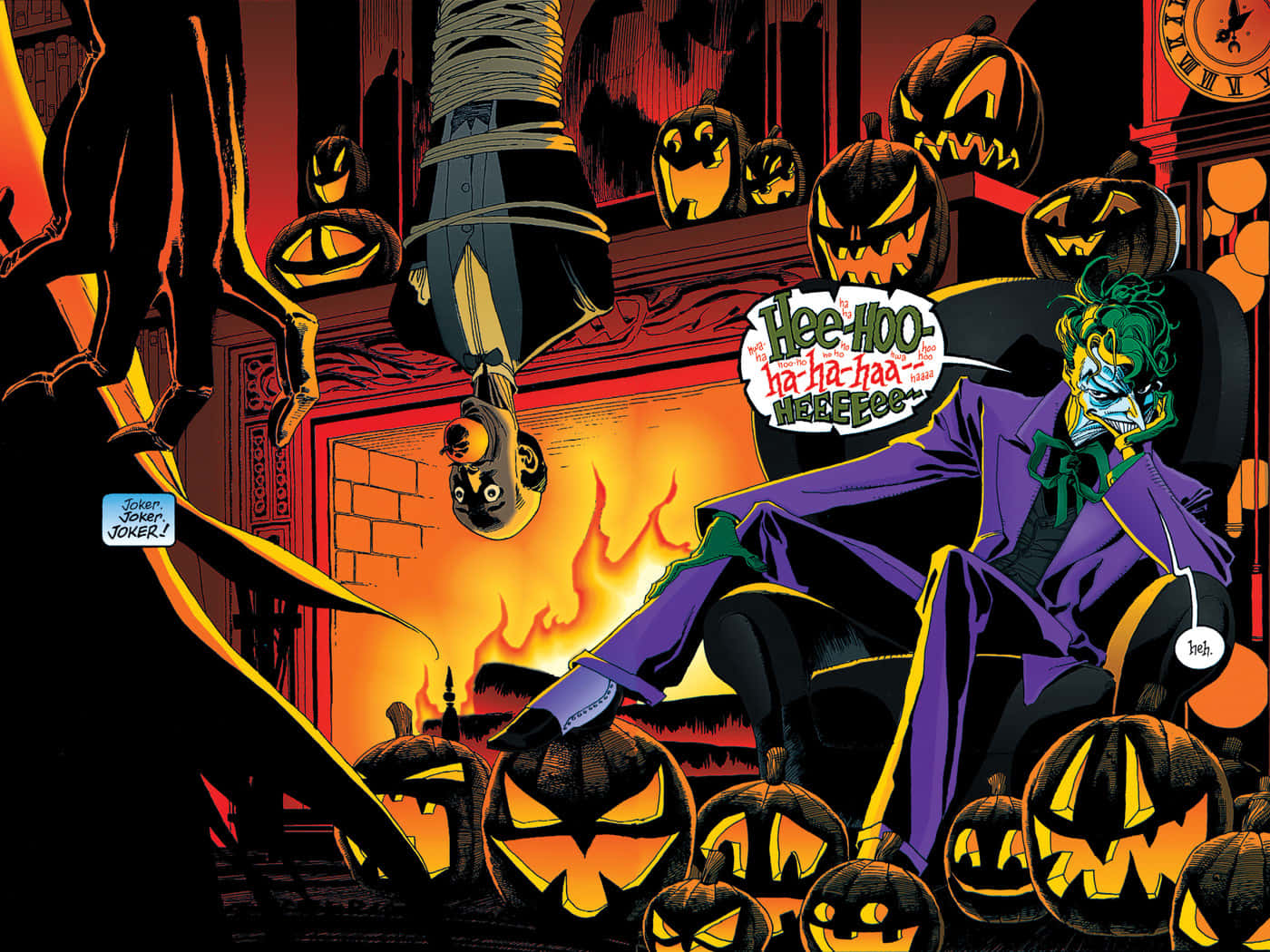 Batman The Long Halloween 桌布 壁紙 — 小丑在充滿發光南瓜燈和燃燒壁爐的萬聖節主題房間裡狂笑。
