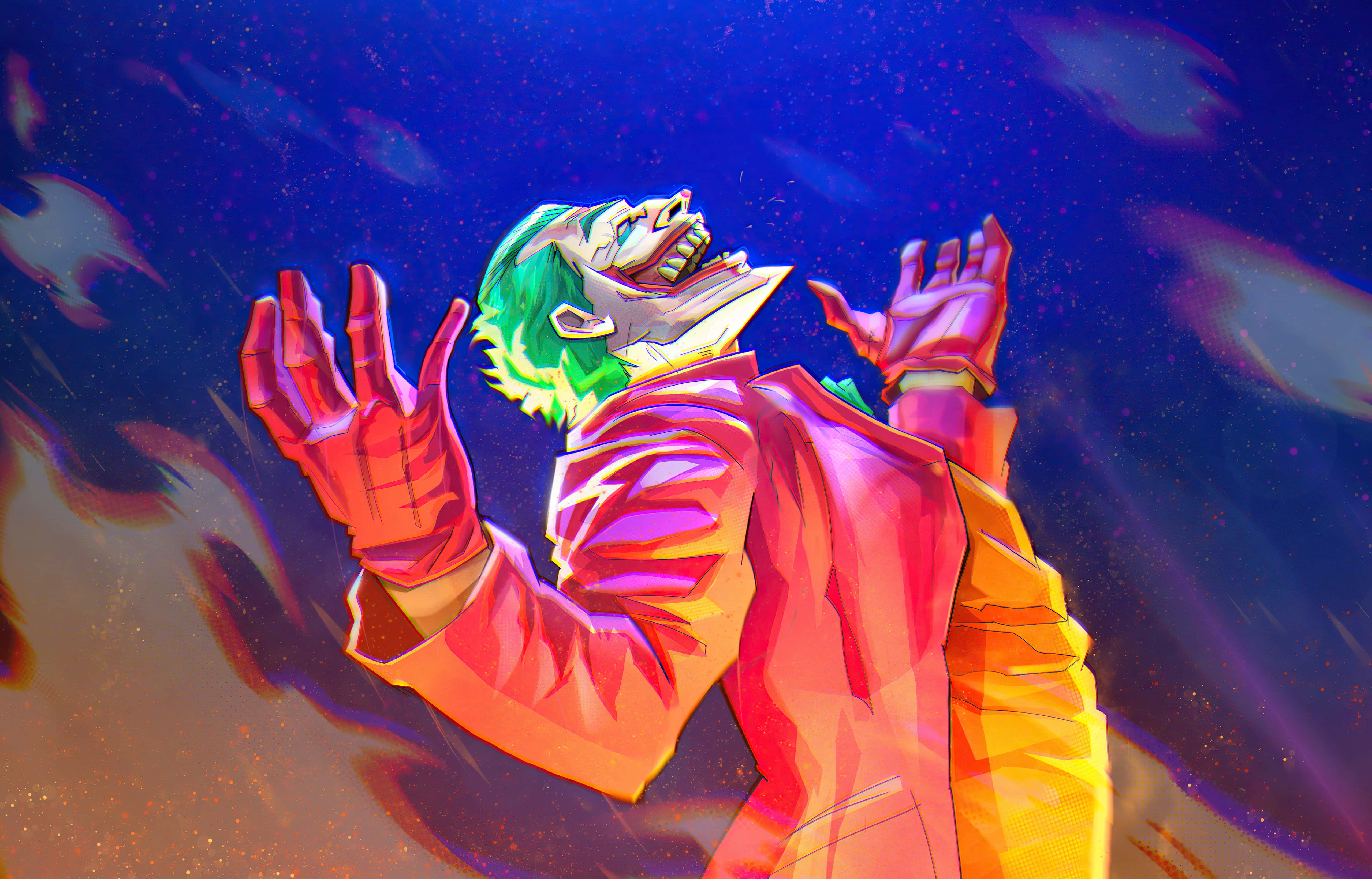 Joker Laughing 桌布 壁紙 — 小丑在旋轉的紫色和橙色宇宙背景下，以充滿活力的數位藝術風格狂笑。