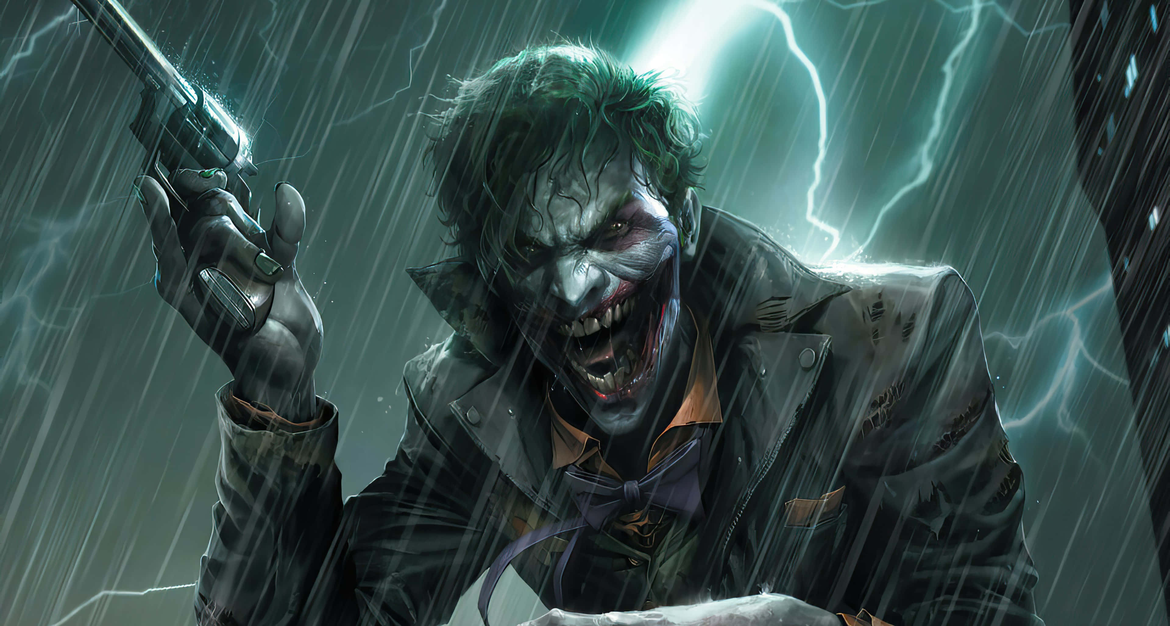 Dark Joker 桌布 壁紙 — 小丑在暴風雨中狂笑，手持槍枝，身後閃電交加。
