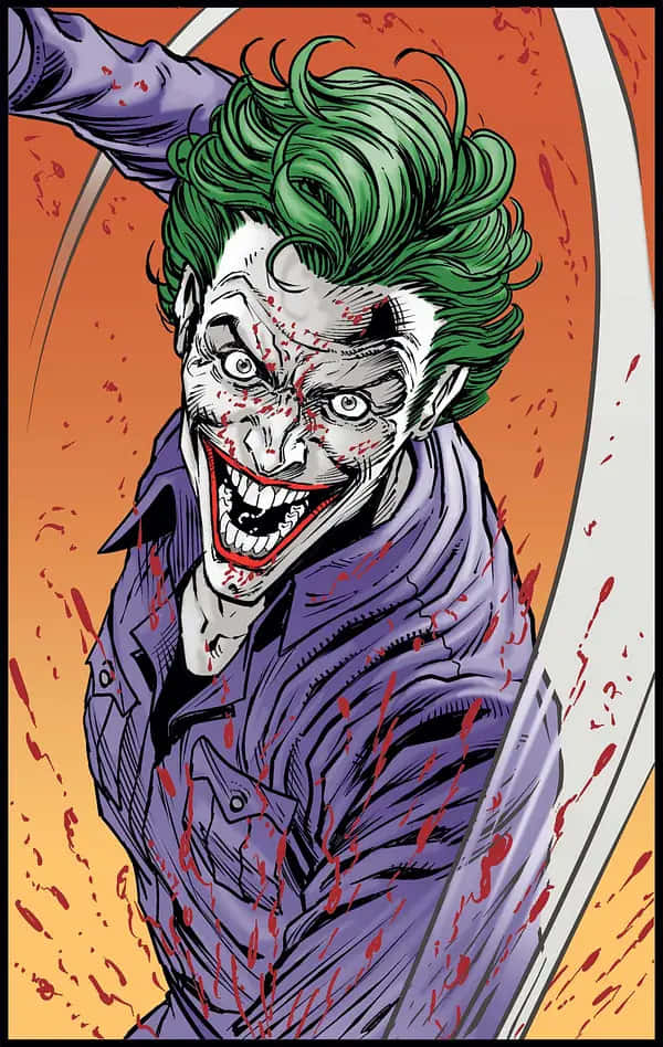 Batman Three Jokers 桌布 壁紙 — 小丑在橙色背景前，綠色頭髮和紫色襯衫濺滿紅色，瘋狂大笑。