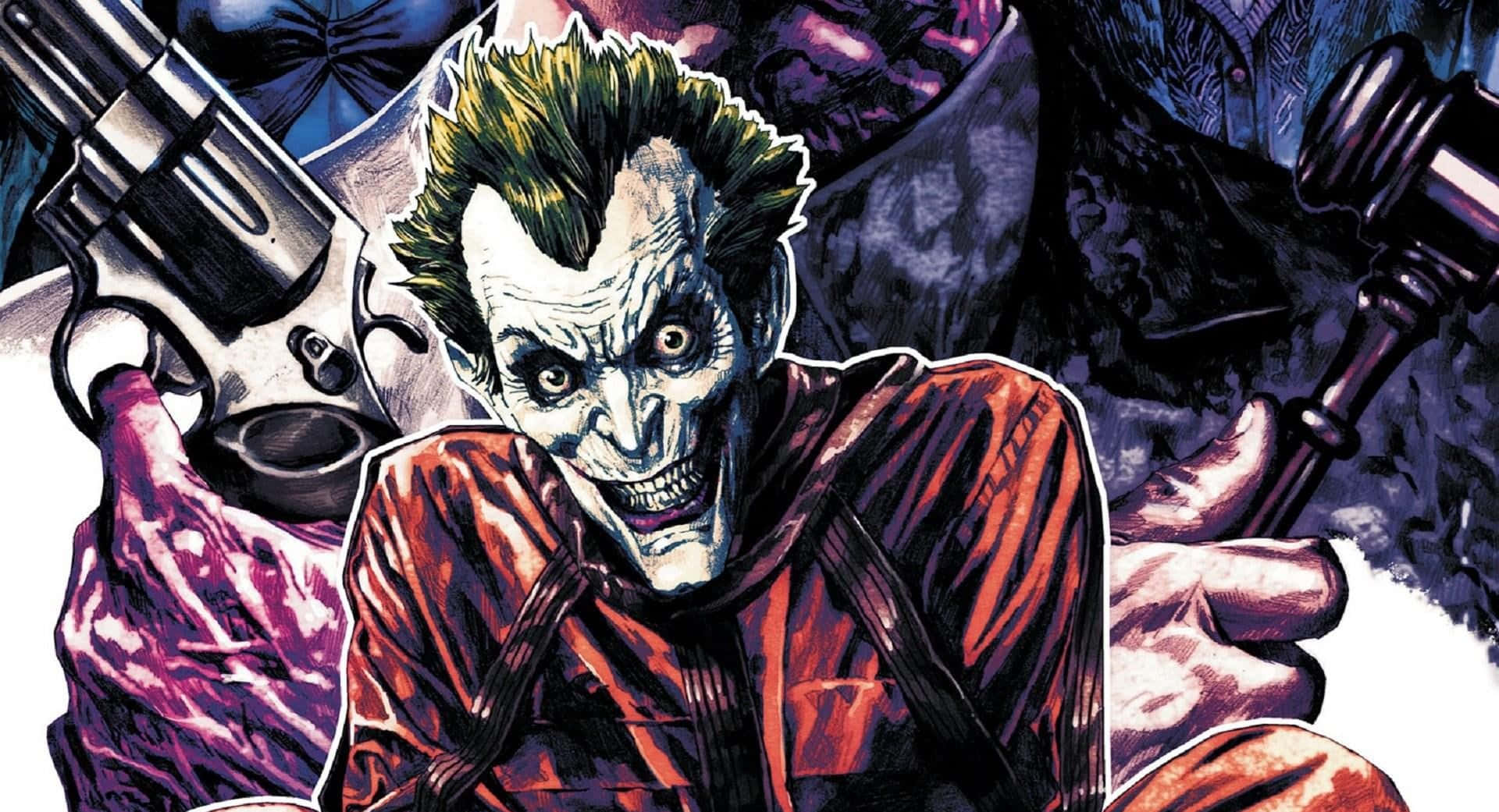 Joker Comic 桌布 壁紙 — 小丑在漫畫插圖中狂笑，手持左輪手槍和木槌，背景為深紫色。