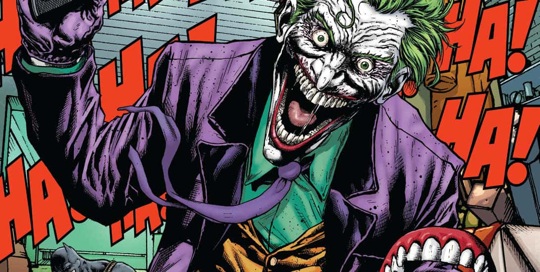 Batman Three Jokers 桌布 壁紙 — 小丑在漫畫書面板中狂笑，帶有粗體紅色擬聲詞和混亂的背景元素。