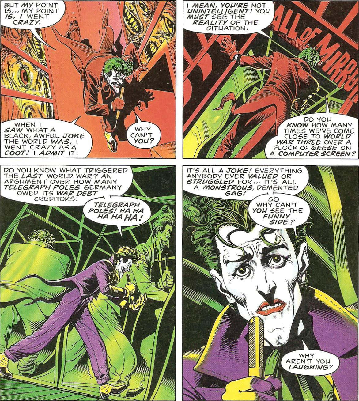 Batman The Killing Joke 桌布 壁紙 — 小丑在漫畫格中狂笑，周圍環繞著鏡子和混亂的對話氣泡。