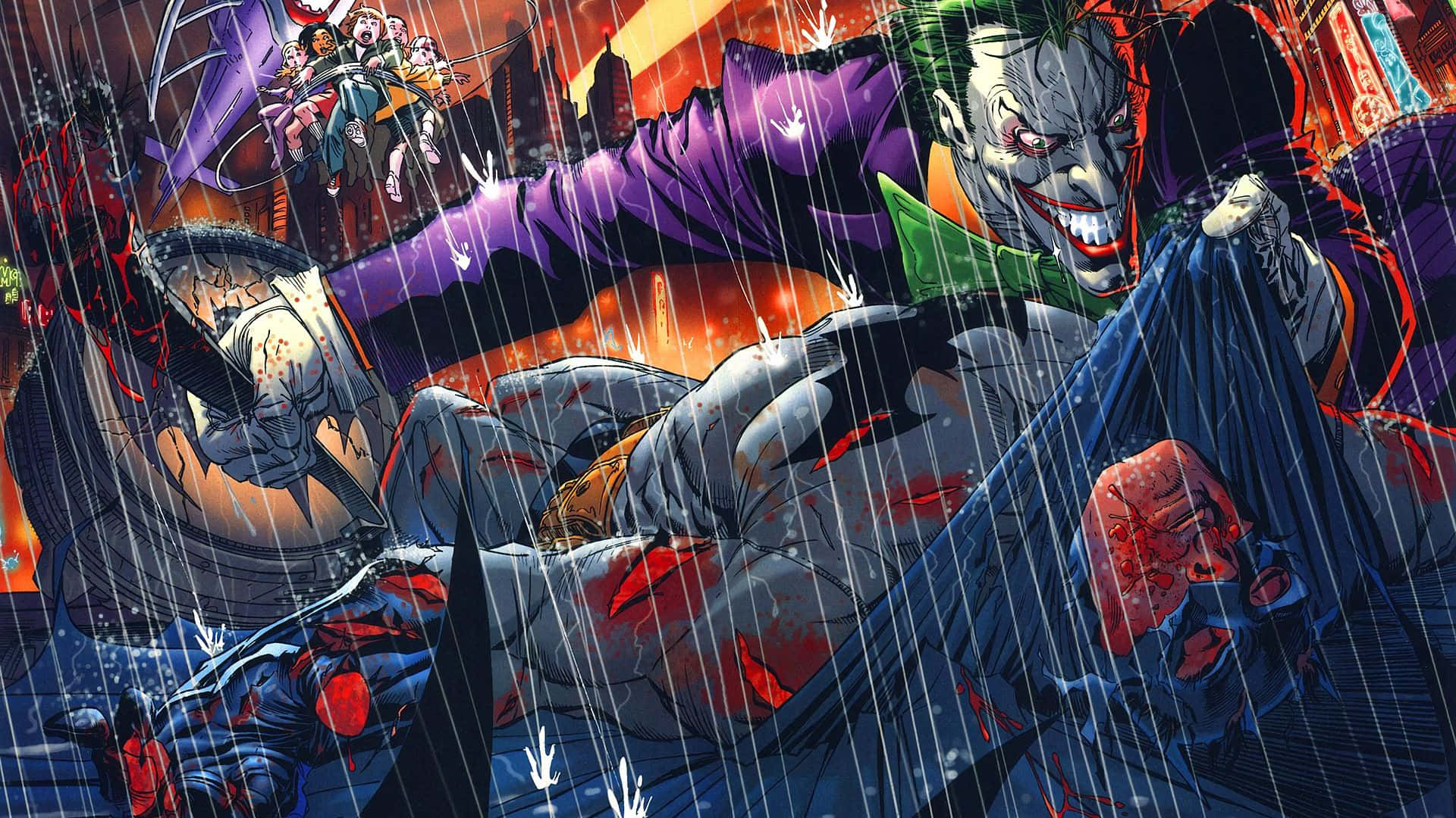 Joker Comic 桌布 壁紙 — 小丑在濕透的高譚市小巷中，對著被打敗的蝙蝠俠瘋狂大笑，周圍一片混亂和鮮血。
