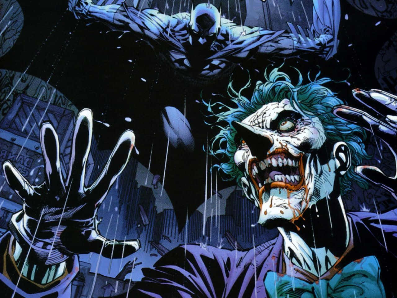 Joker Comic 桌布 壁紙 — 小丑在雨中狂笑，蝙蝠俠在黑暗漫畫場景中從上方逼近。