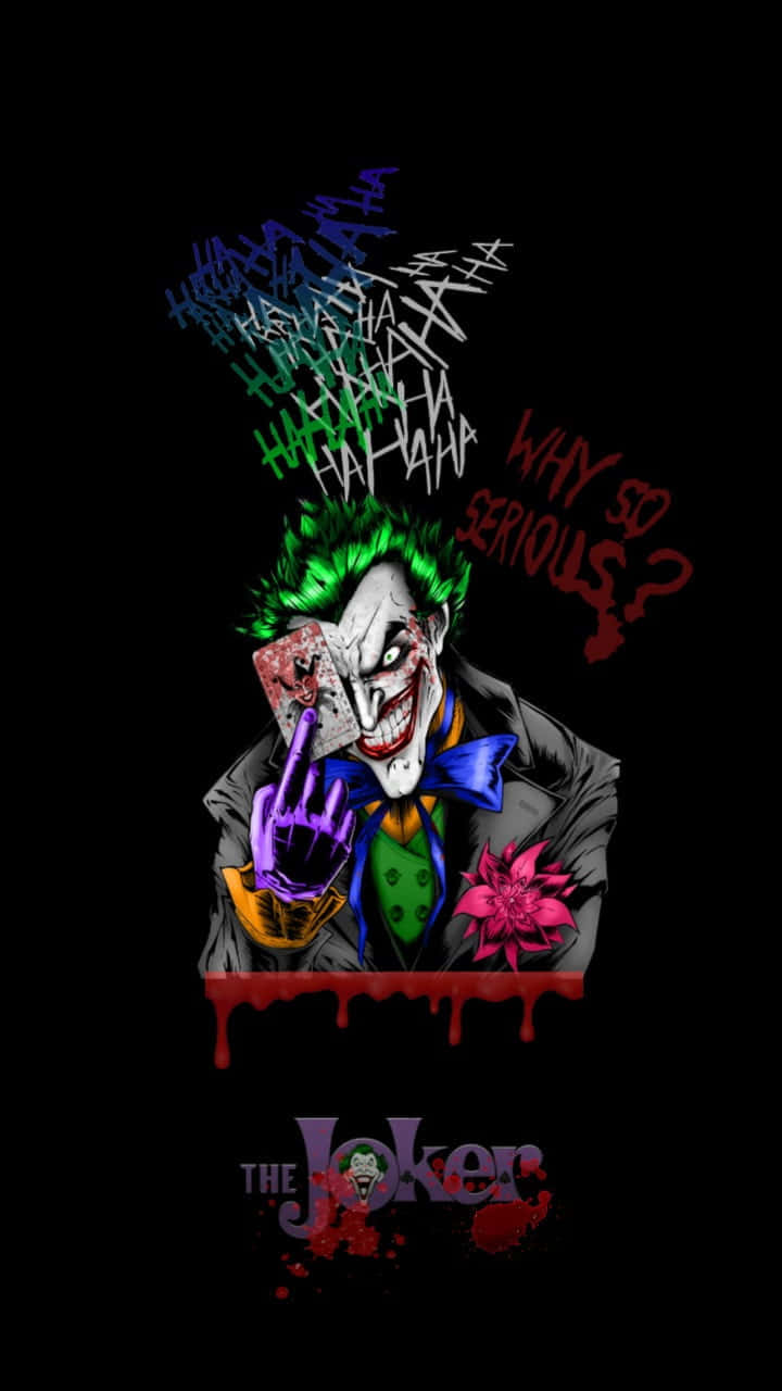 Joker Laughing 桌布 壁紙 — 小丑在黑色背景上，有滴落的血和一朵粉紅花，綠髮紫手套，狂笑不止。