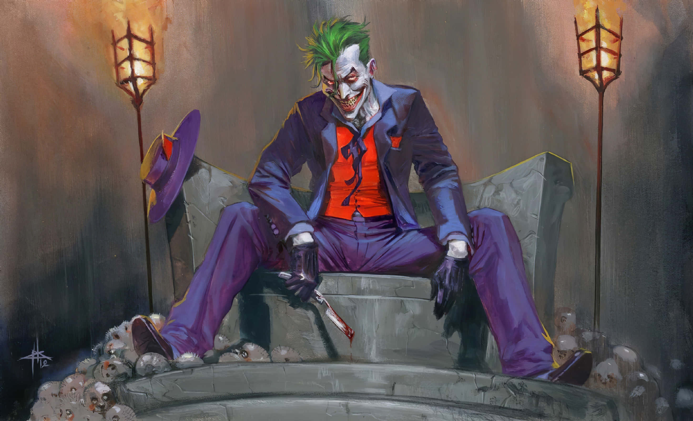 The Joker Comic 桌布 壁紙 — 小丑坐在一個石頭王座上，周圍環繞著頭骨，在一個光線昏暗的房間裡，火炬投射出詭異的光芒。