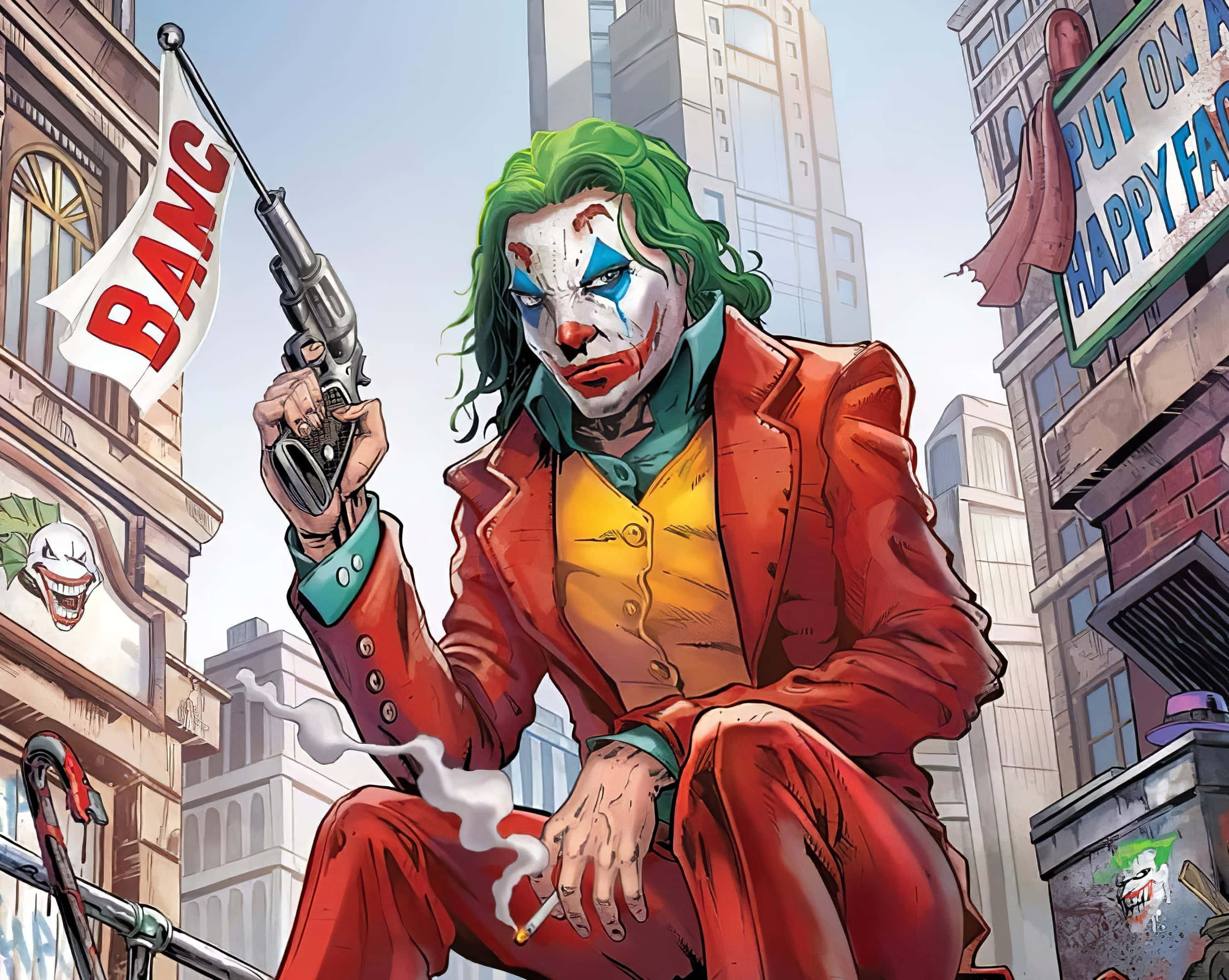 Joker Comic 桌布 壁紙 — 小丑坐在城市邊緣，手持一支冒煙的手槍，槍上掛著『BANG』旗幟，身穿標誌性的紅色西裝和綠色頭髮，背景是粗糙的城市景觀。