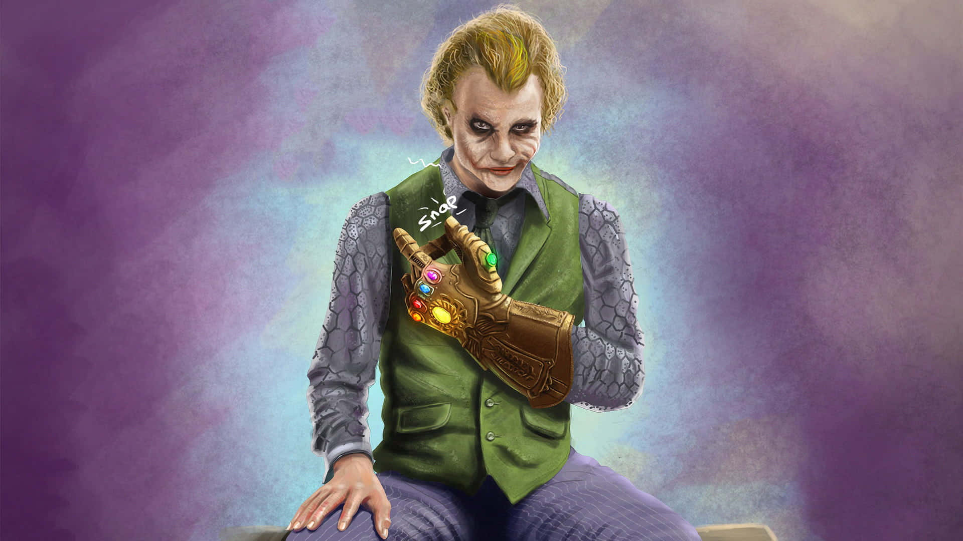 Joker Painting 桌布 壁紙 — 小丑奸笑著握住無限手套，背景是旋轉的紫色和藍色。
