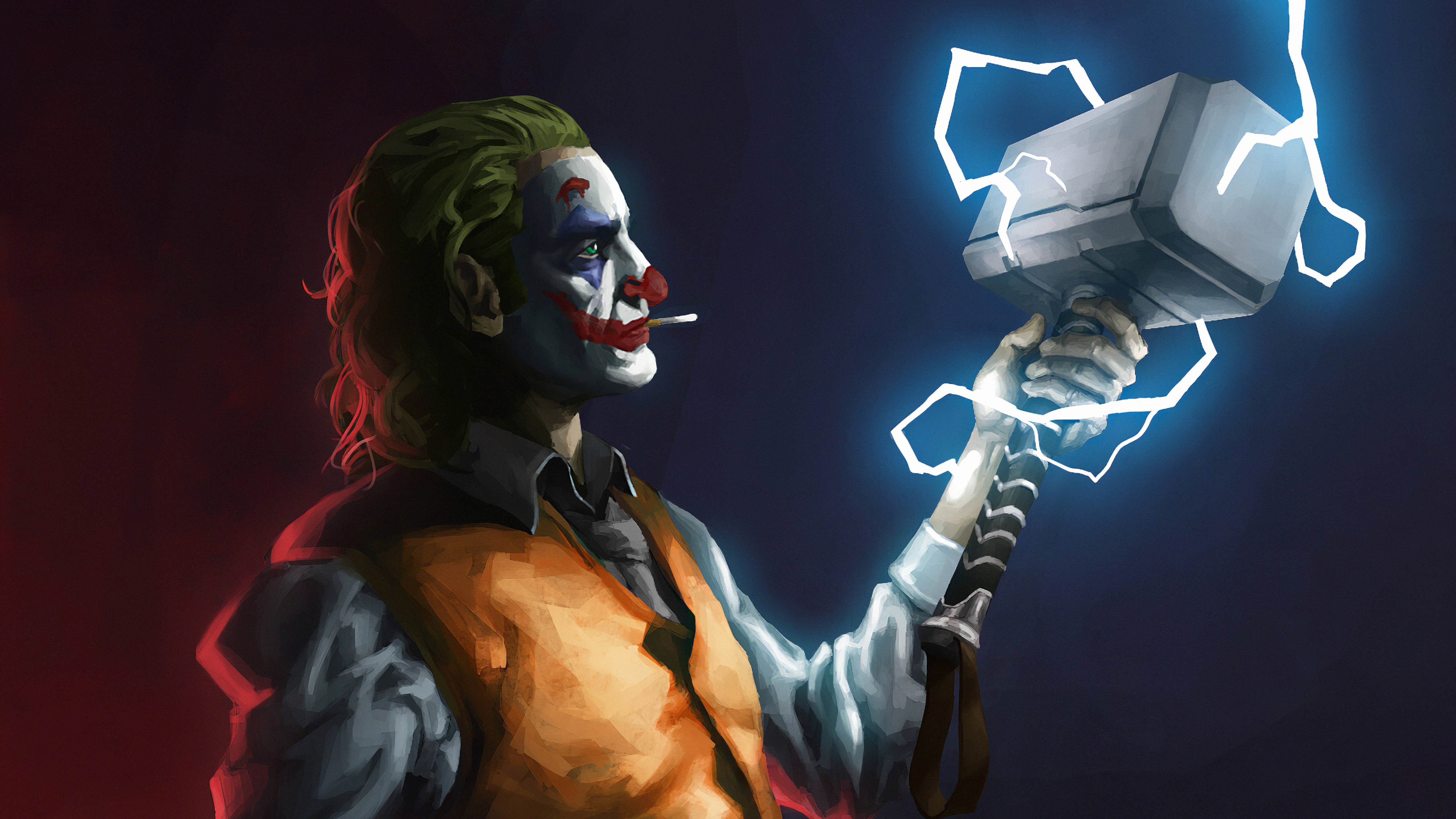 小丑 桌布 壁紙 — 小丑揮舞著索爾的錘子妙爾尼爾，藍色閃電劈啪作響，背景為深紅和藍色。