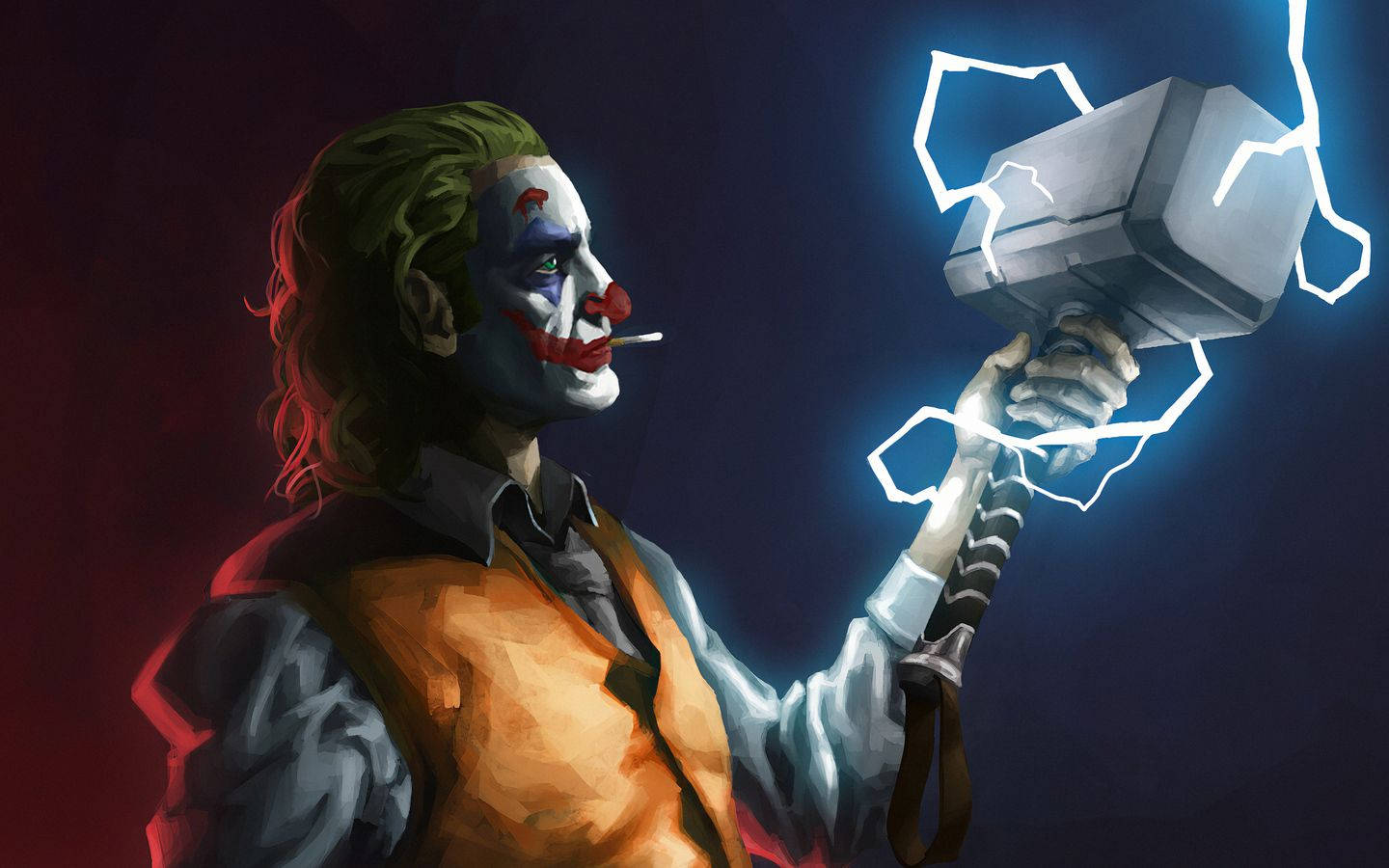 Thors Hammer 桌布 壁紙 — 小丑揮舞著雷神之鎚妙爾尼爾，藍色閃電劈啪作響，背景為深紅和藍色。