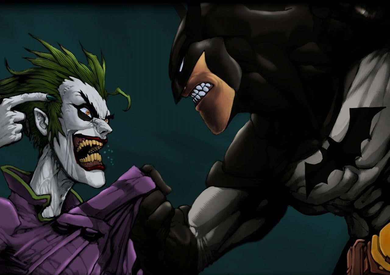 Joker Comic 桌布 壁紙 — 小丑狂笑著，蝙蝠俠在緊張的對峙中抓住他的紫色外套。