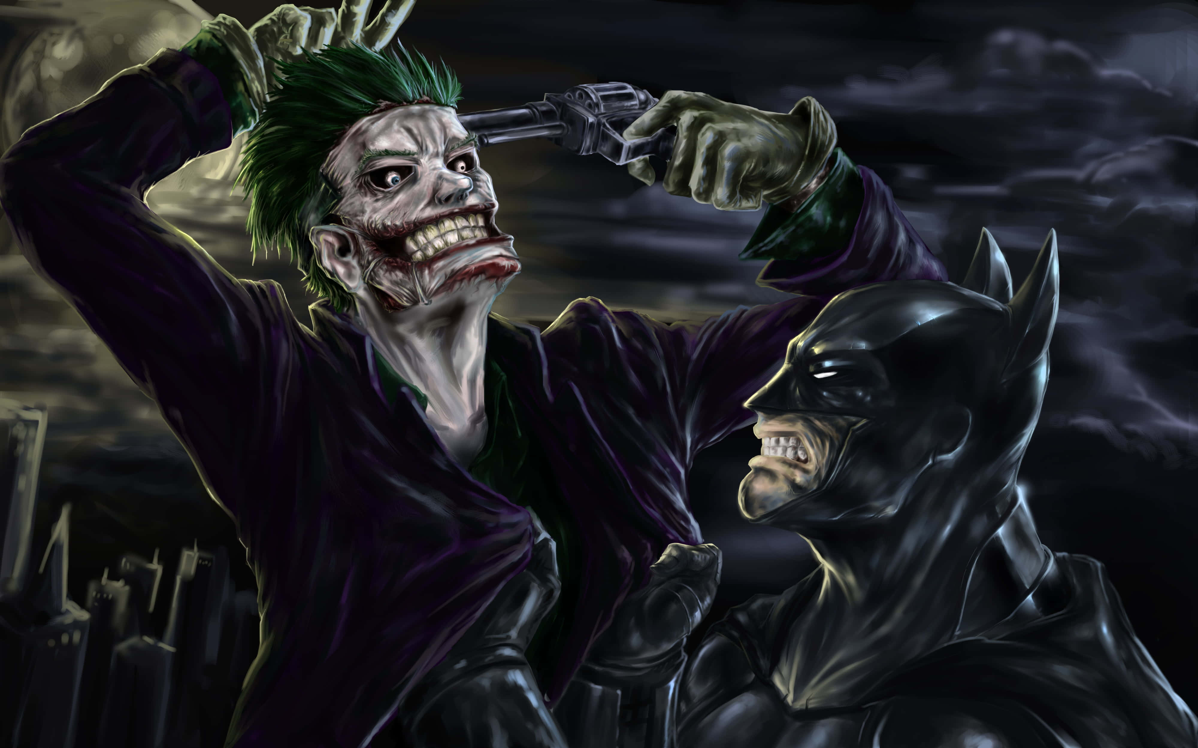 Joker Comic 桌布 壁紙 — 小丑狂笑著用槍指著蝙蝠俠的頭，背景是黑暗風暴中的高譚市景。