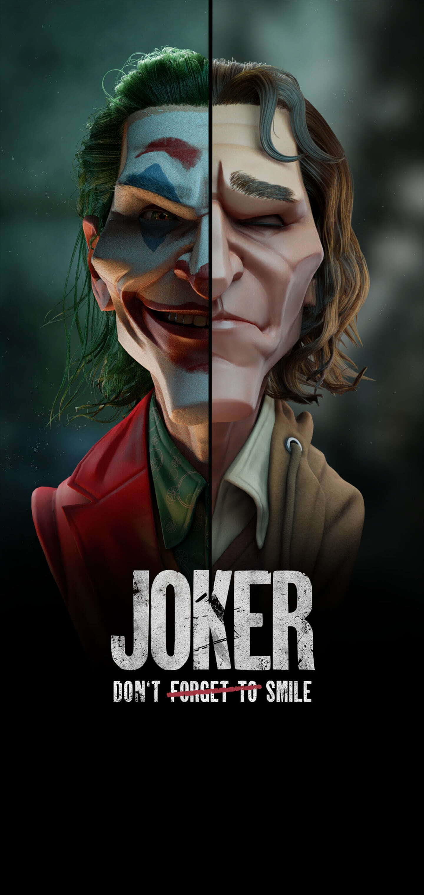Joker Quotes 桌布 壁紙 — 小丑的分裂肖像，一半是塗漆的小丑，一半是凌亂的男人，背景黑暗。