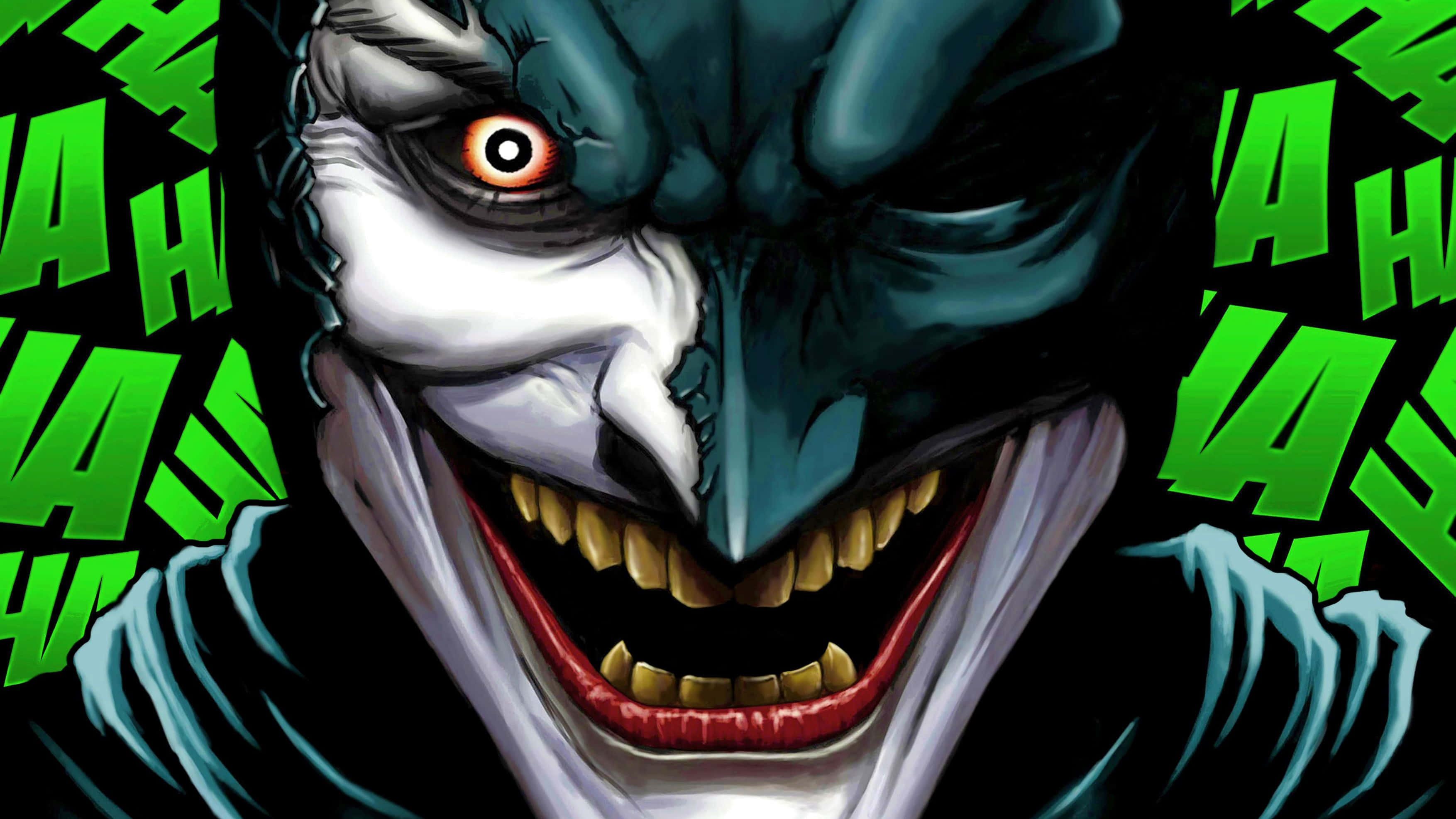 The Joker Comic 桌布 壁紙 — 小丑的威脅性特寫，咧嘴大笑，紅唇，背景有綠色笑聲文字。