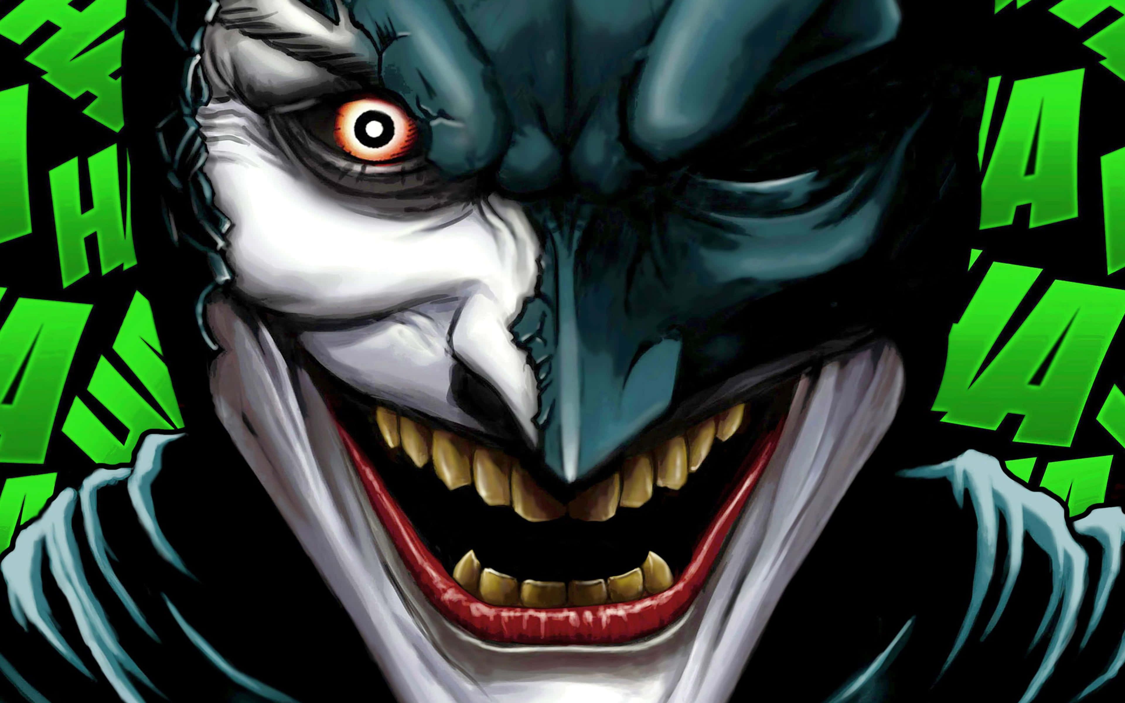 Joker Comic 桌布 壁紙 — 小丑的威脅性特寫，咧嘴大笑，紅唇，發光的橙色眼睛，周圍環繞著綠色塗鴉文字。